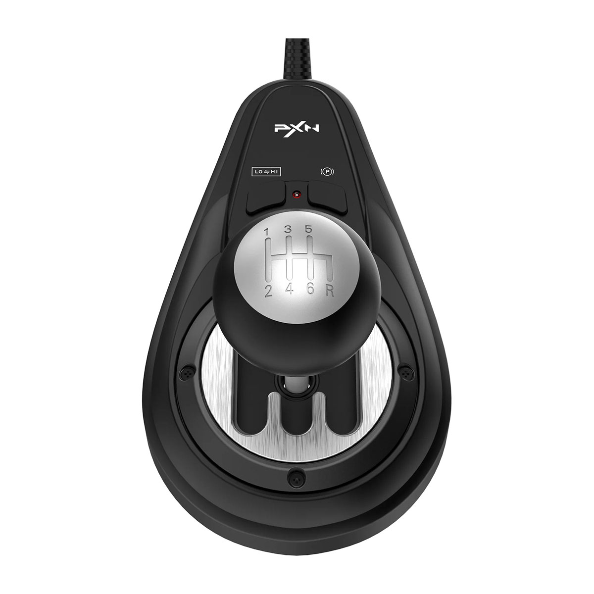 Pomello cambio nero con display marce argentato (1-6, R) e logo PXN.