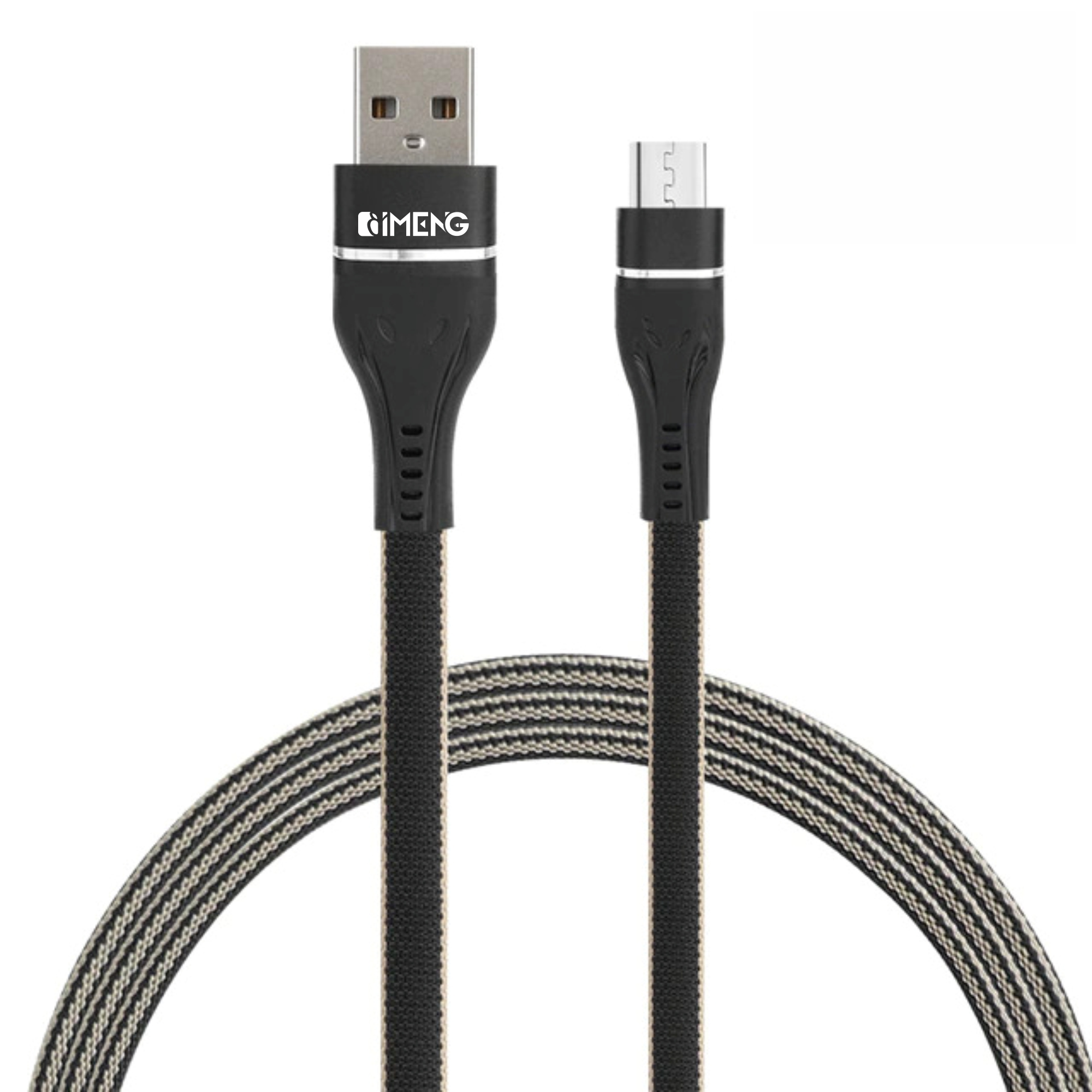Gümüş konnektörlü ve desenli kablolu siyah USB şarj kablosu.