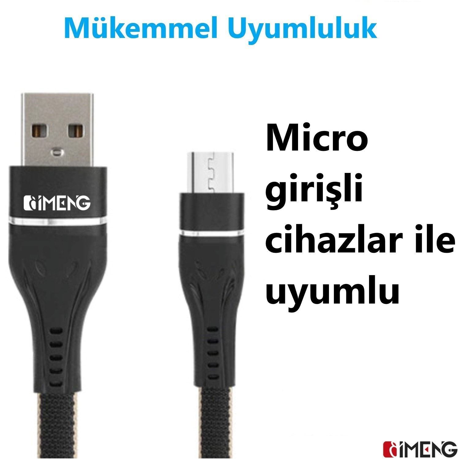 USB-A ve micro USB konnektörlü, metinli siyah kablo.