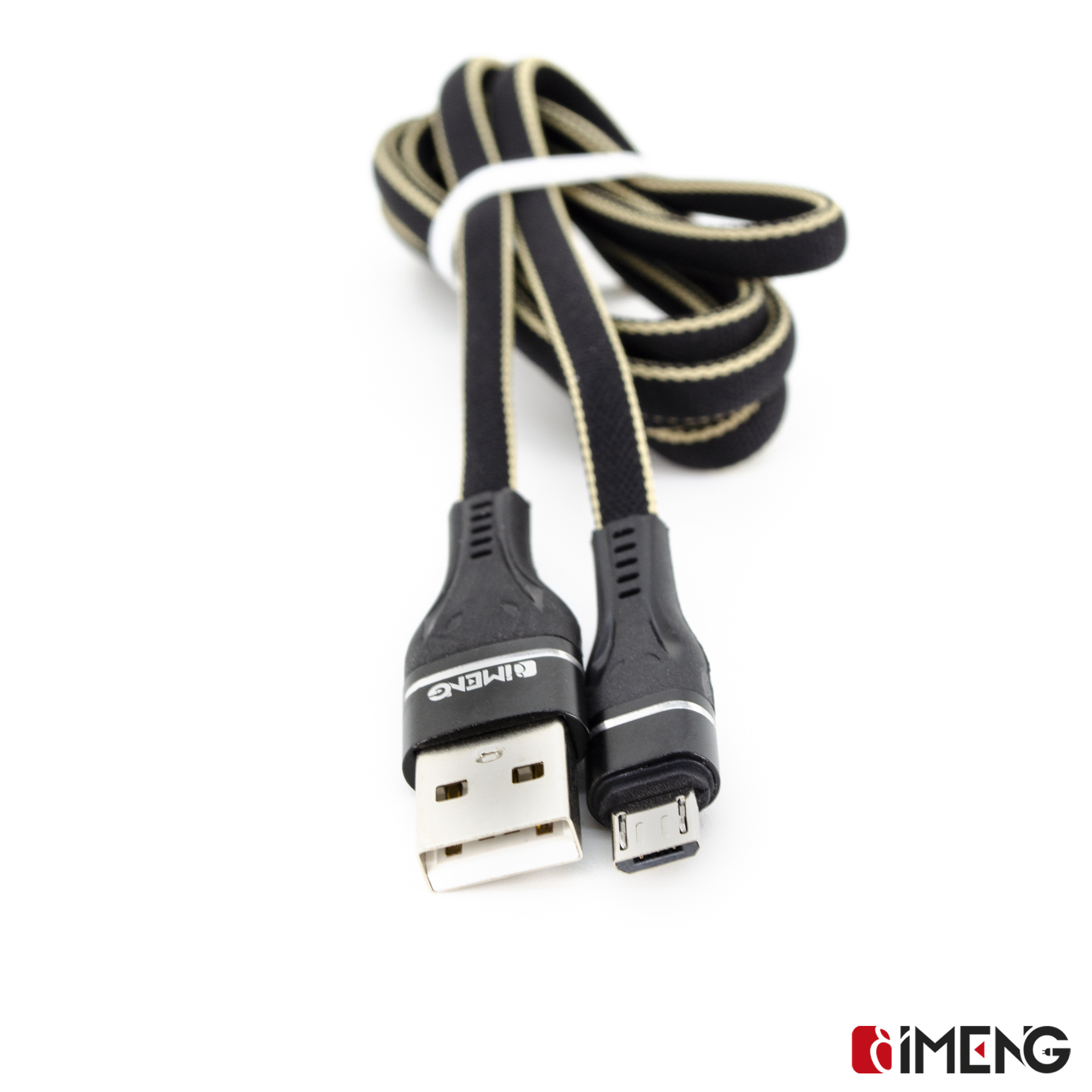 Siyah ve altın çizgili USB kablosu, iki konektörlü.