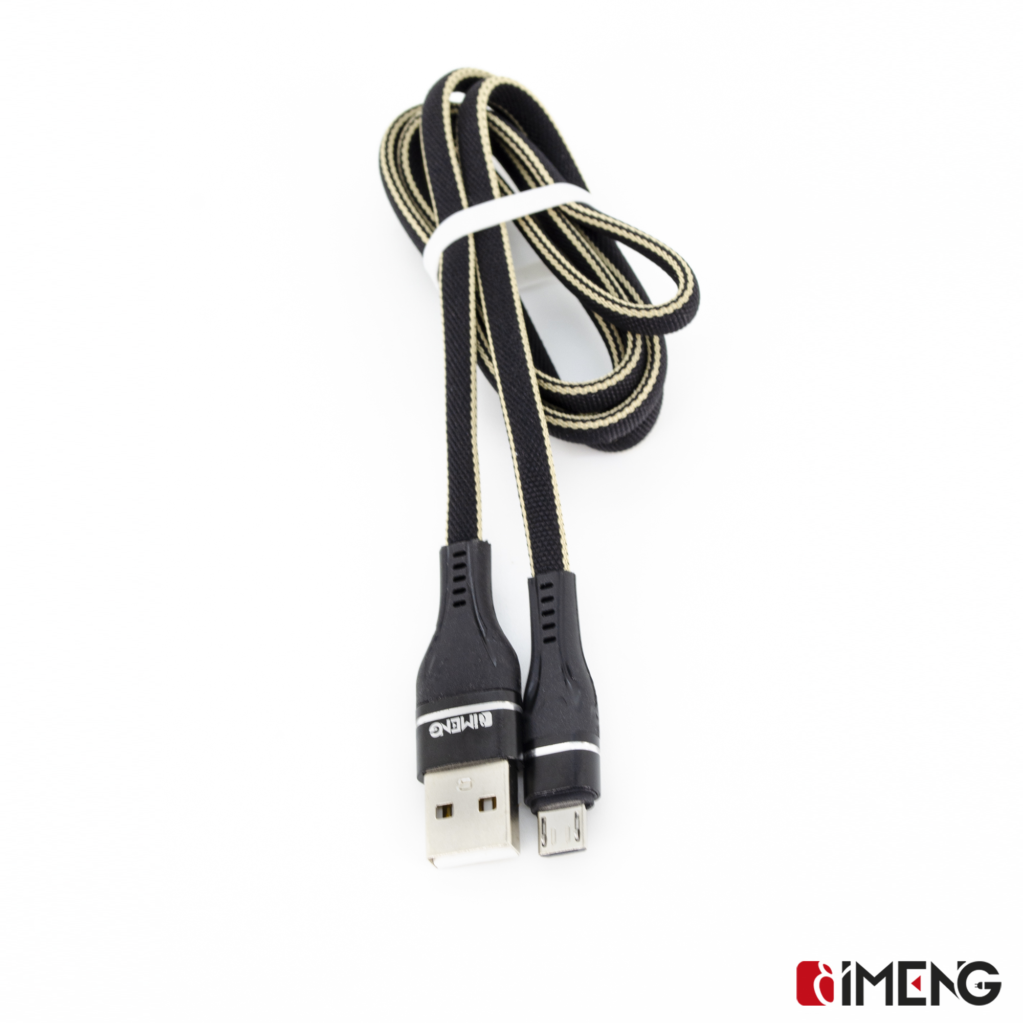 Beyaz bir bağ ile sabitlenmiş siyah ve altın çizgili USB kablosu.
