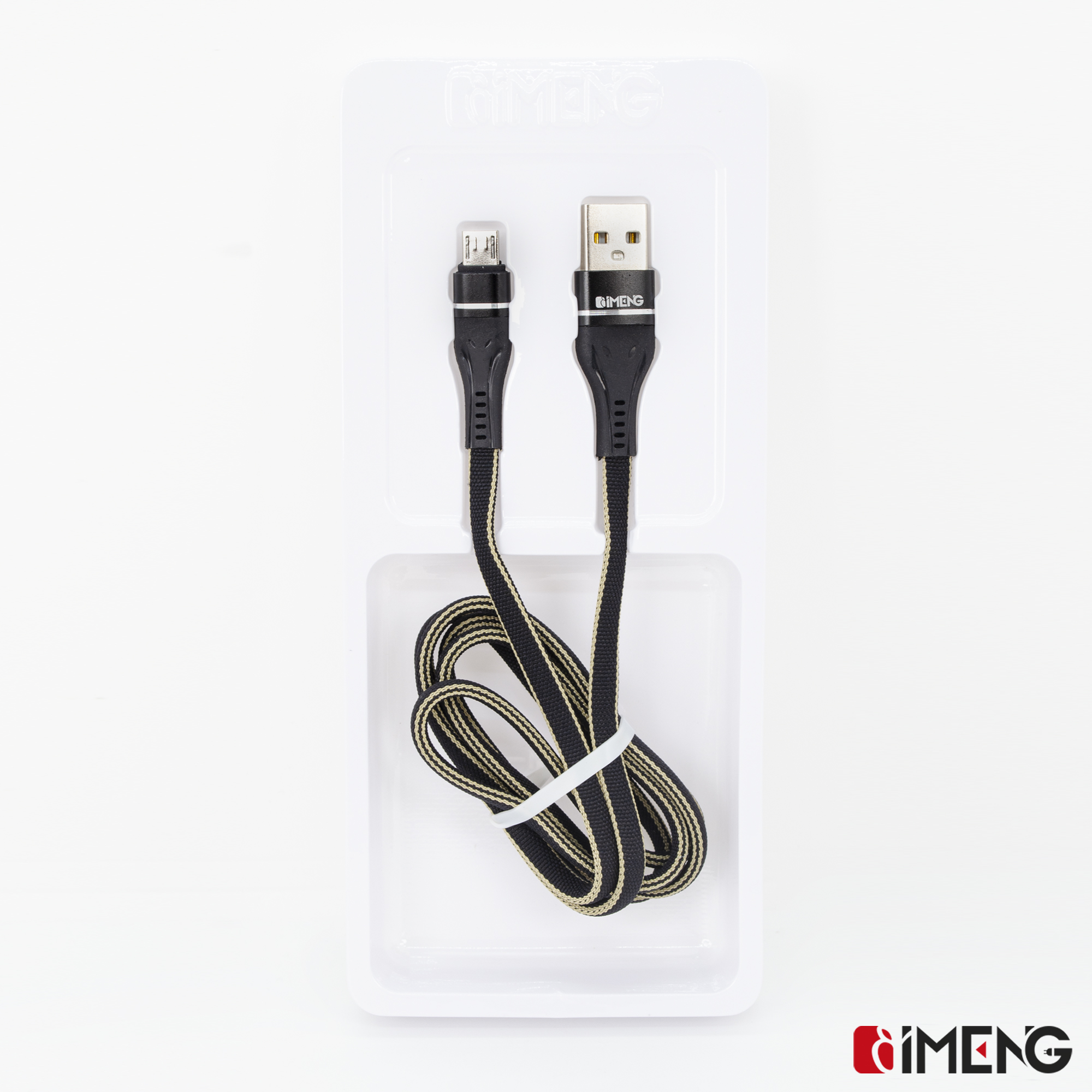 Mikro USB konnektörlü siyah ve altın renkli USB şarj kablosu, ambalajında.