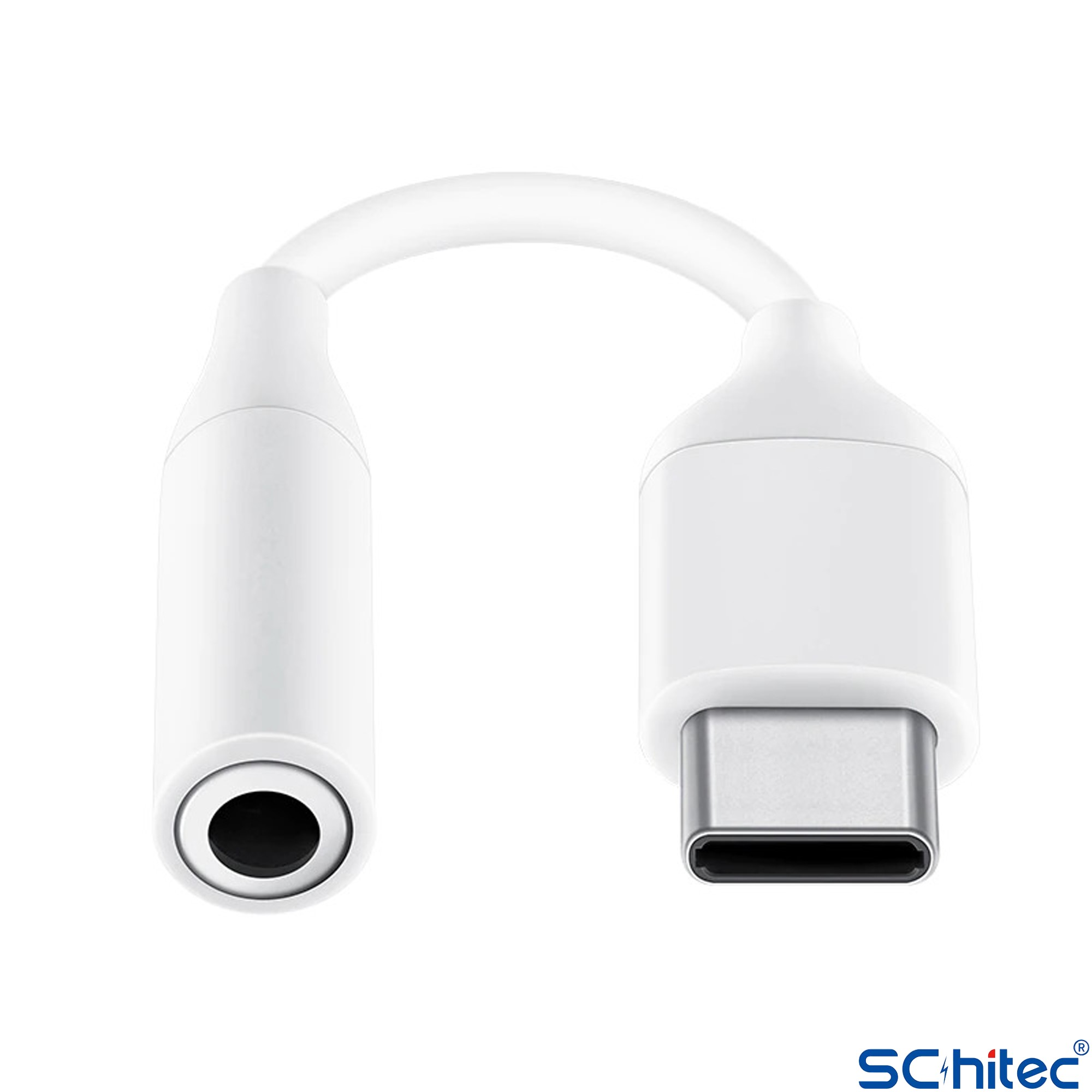 Beyaz arka plan üzerinde beyaz USB-C - 3,5 mm ses adaptörü.