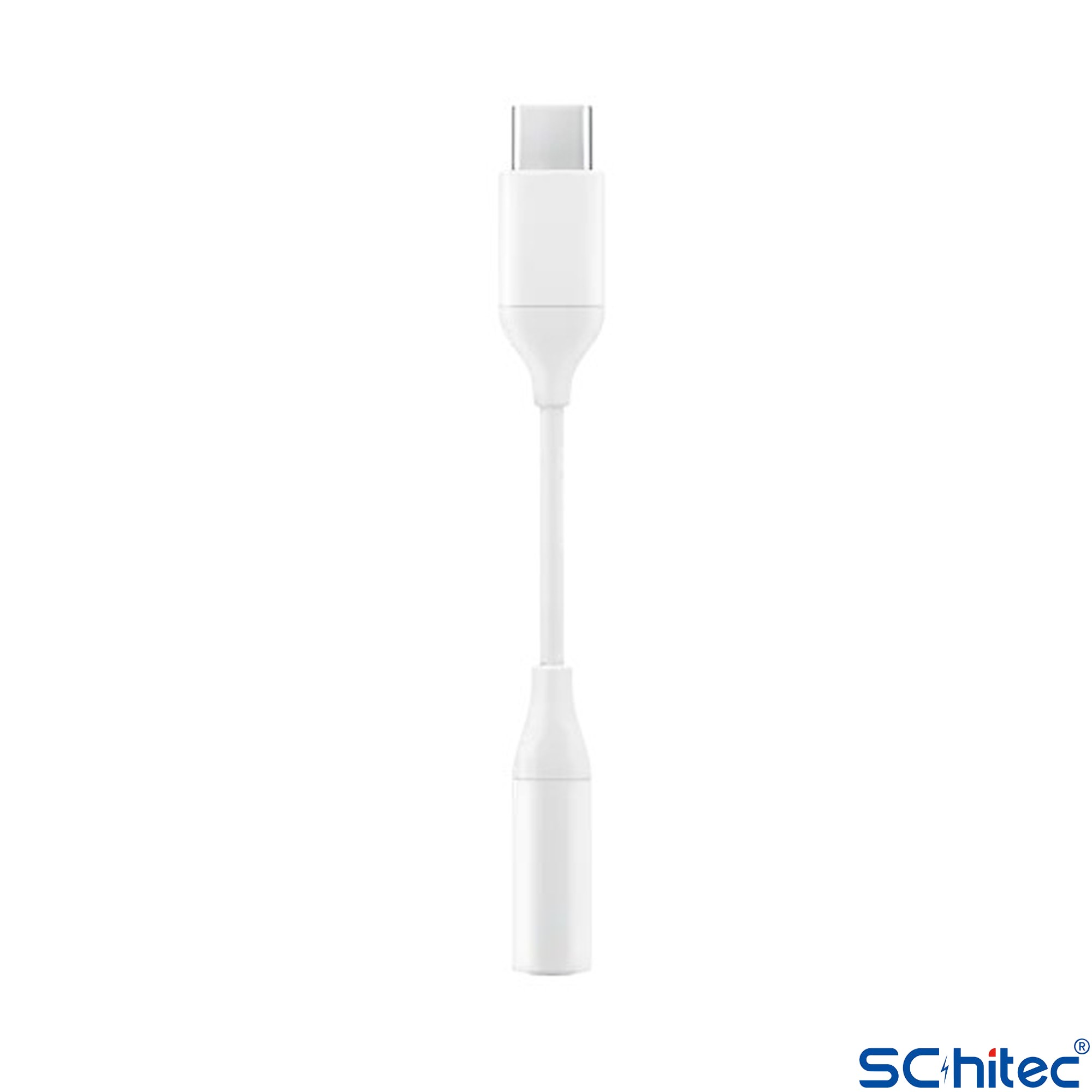 Beyaz bir USB-C - 3,5 mm kulaklık adaptör kablosu beyaz arka plan üzerinde dikey olarak gösterilmektedir.