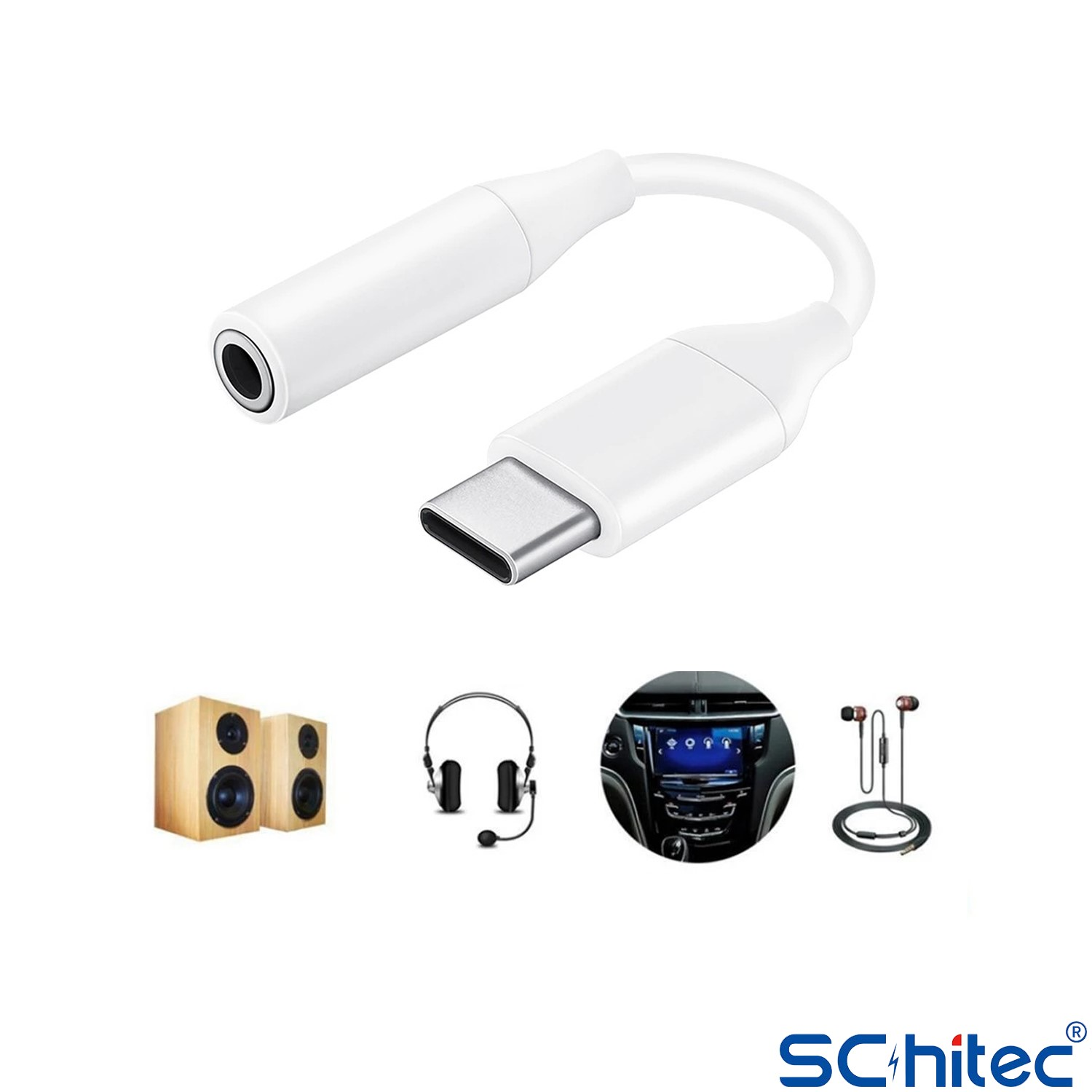 Hoparlörler, kulaklıklar ve araç bilgi-eğlence sistemi içeren beyaz USB-C - 3,5 mm jak adaptörü.