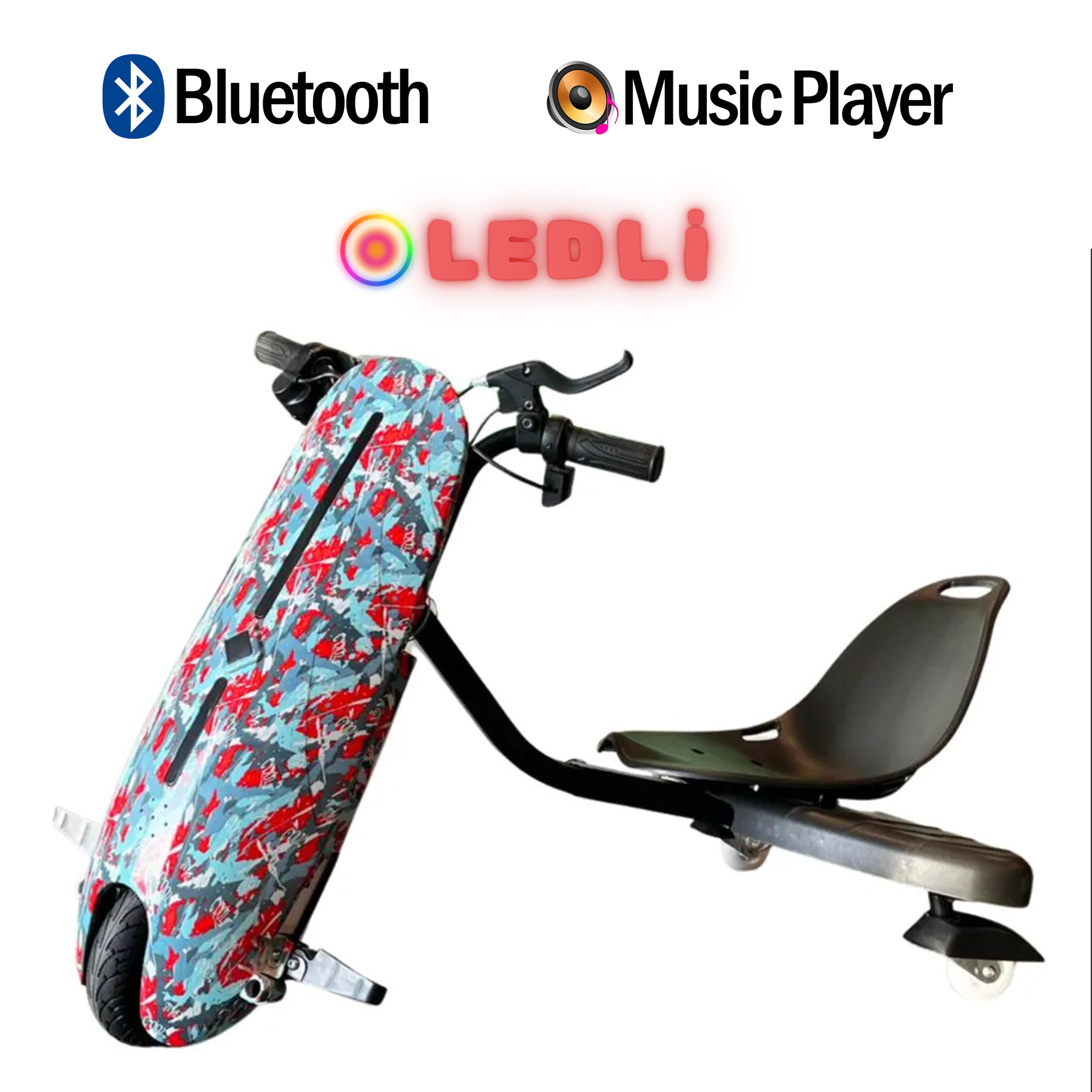 Renkli desenli, Bluetooth ve müzik simgeli scooter.