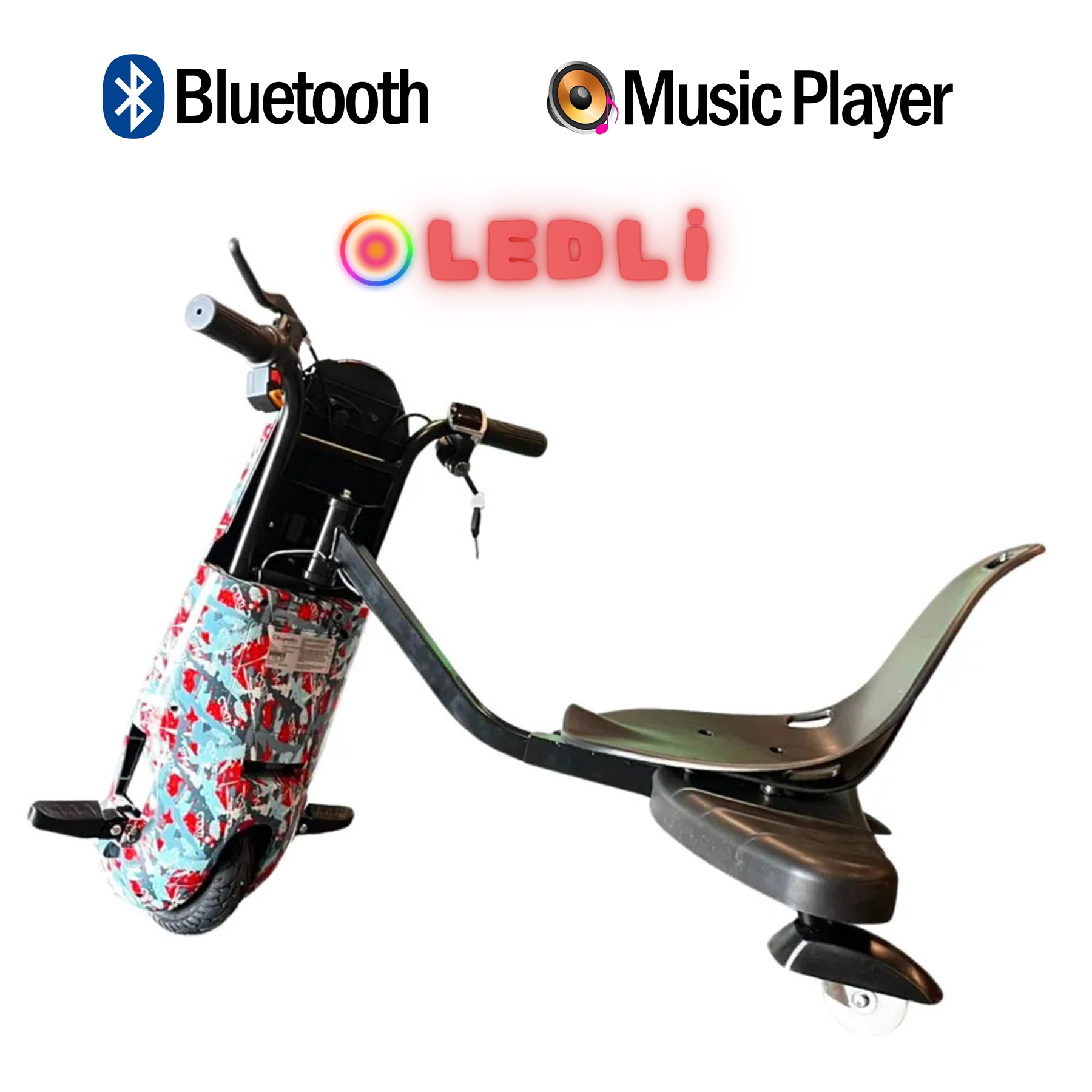 Bluetooth ve Müzik Çalar özellikli drift scooter, LED ışıklı ekran.