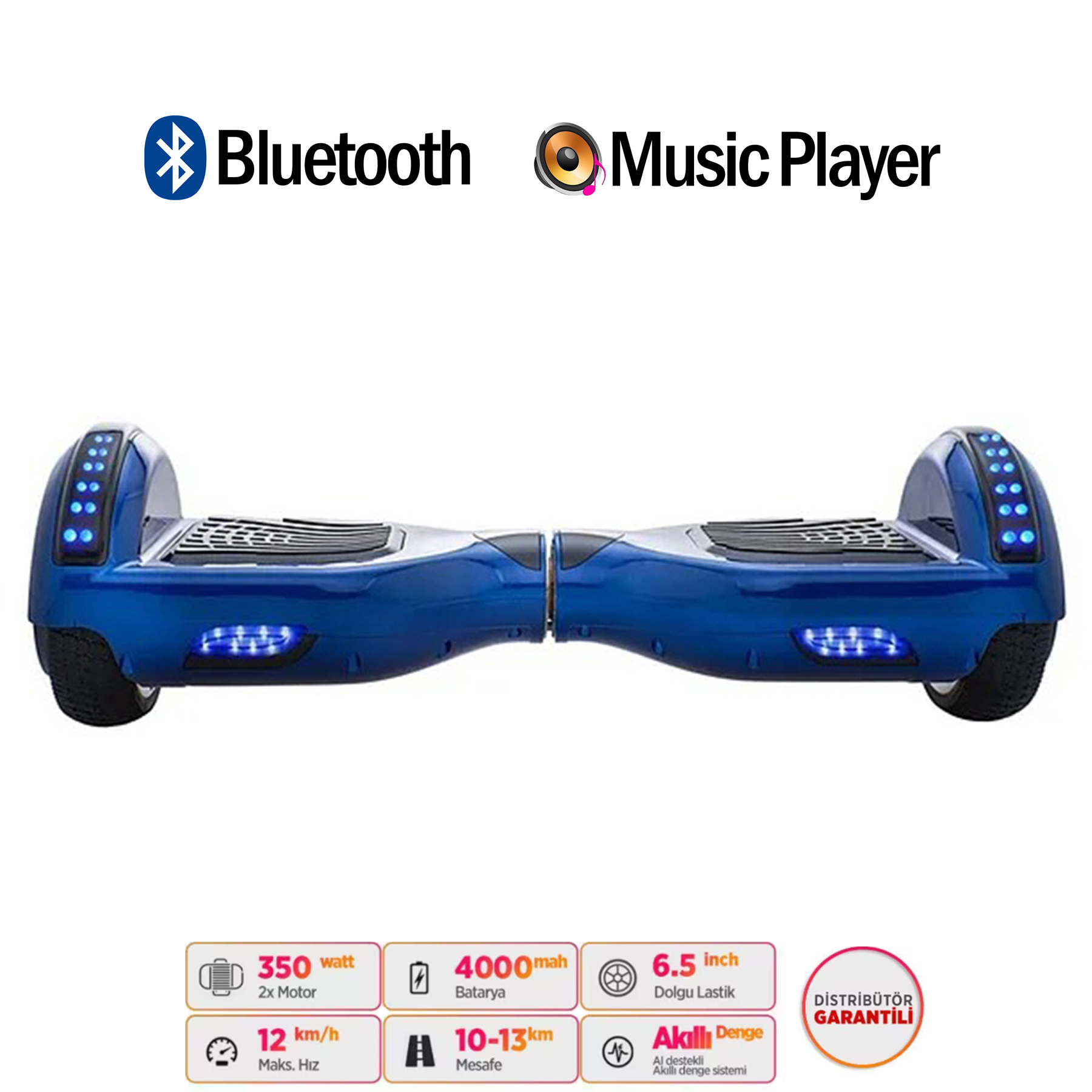 Mavi hoverboard, mavi ışıklı, 350W, 12km/s özellikli.