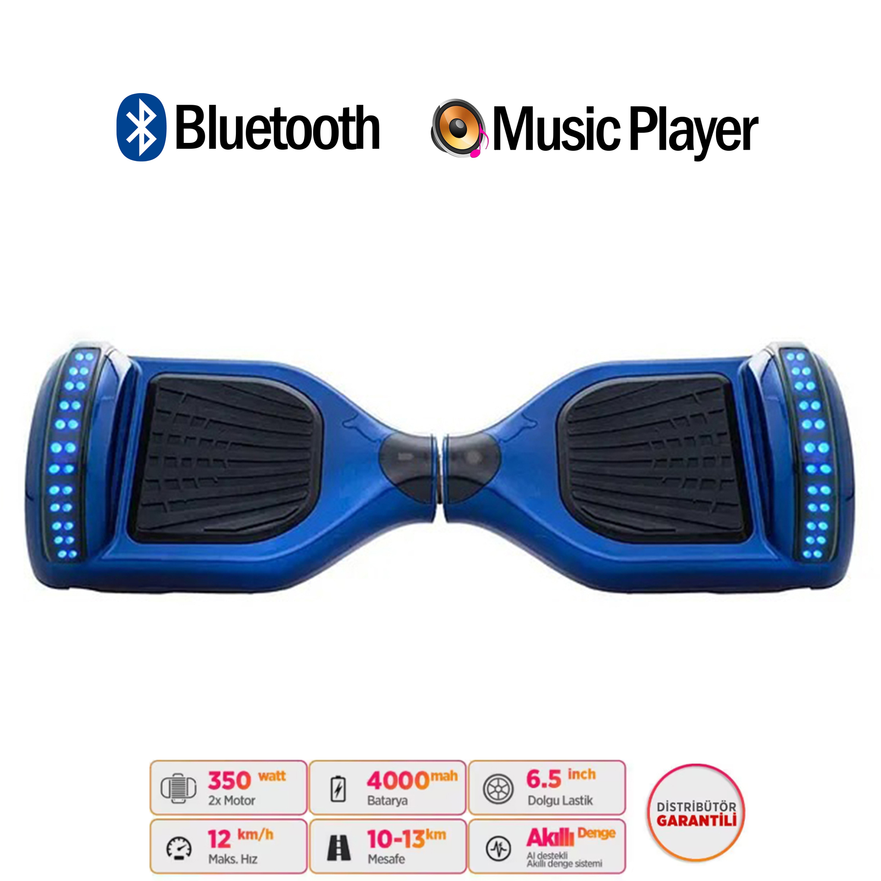 Mavi LED ışıklı ve özelliklere sahip mavi bir hoverboard.