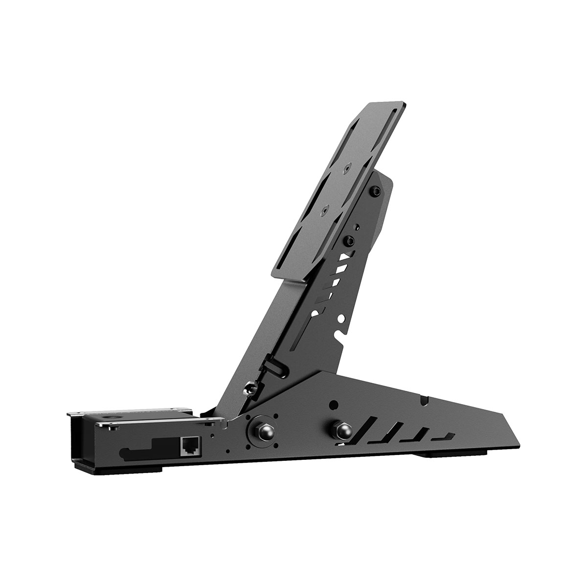 Ayarlanabilir ayak dayama ve ağ bağlantı noktasına sahip siyah metal oyun pedalı montajı.