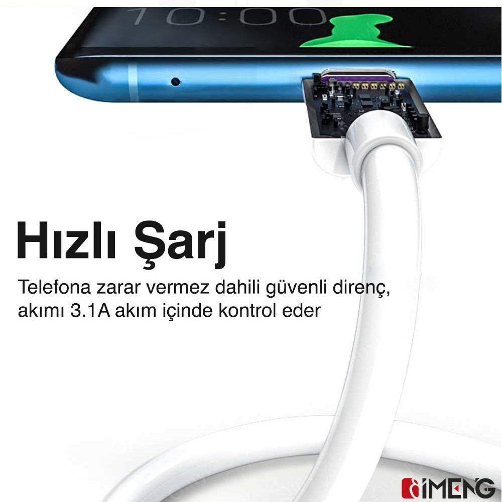 Mavi bir akıllı telefona beyaz bir USB-C kablosu takılıyor.