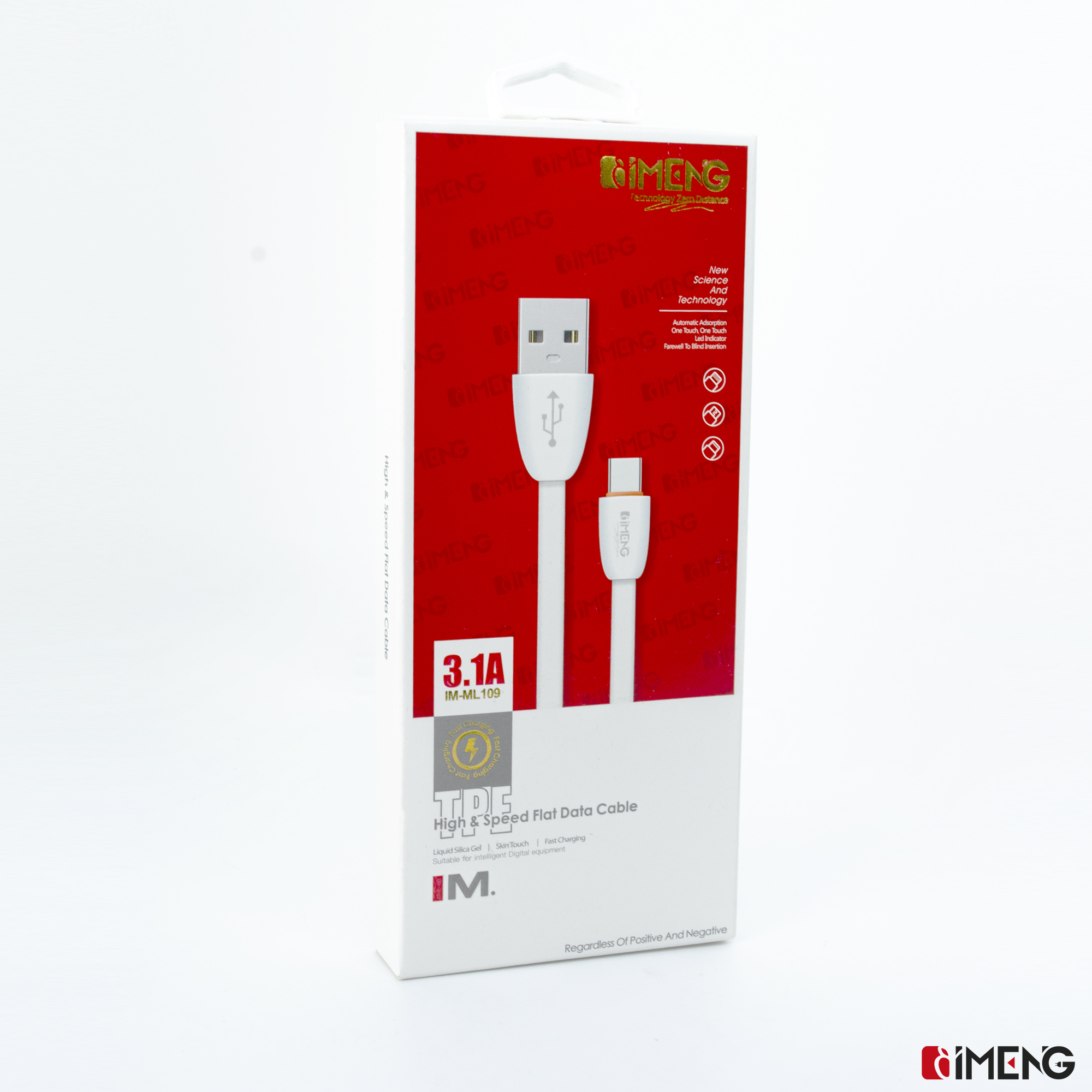 Kırmızı baskılı beyaz veri kablosu ambalajı, USB-A ve USB-C konektörlerini gösteriyor.