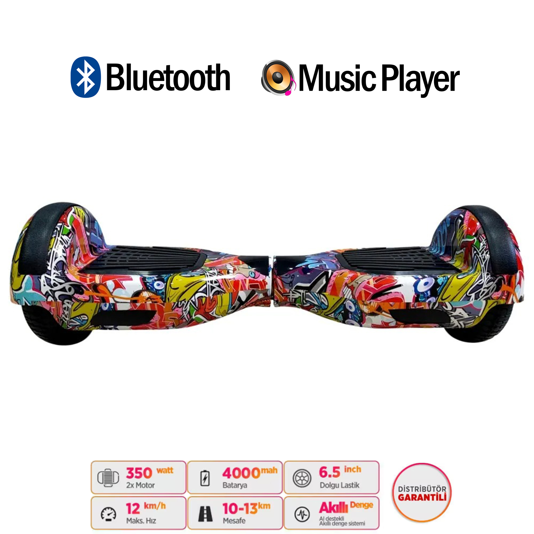 Bluetooth ve müzik çalar özellikli renkli hoverboard.