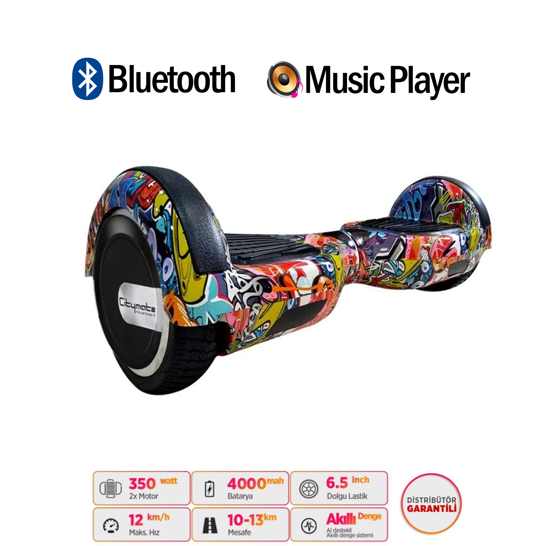 Graffiti tasarımlı, Bluetooth ve müzik çalarlı hoverboard.