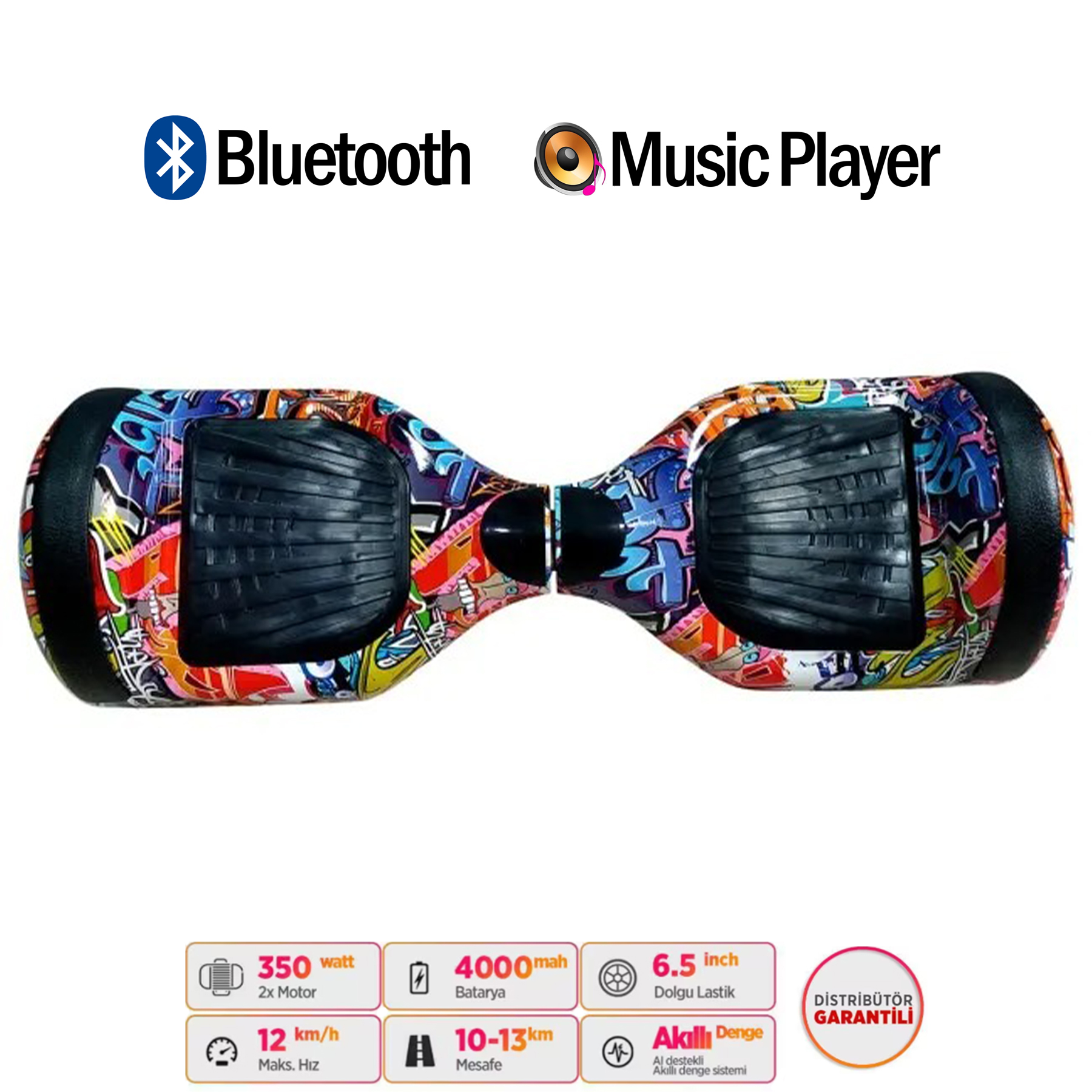 Graffiti baskılı, Bluetooth ve müzik çalar simgeli hoverboard.