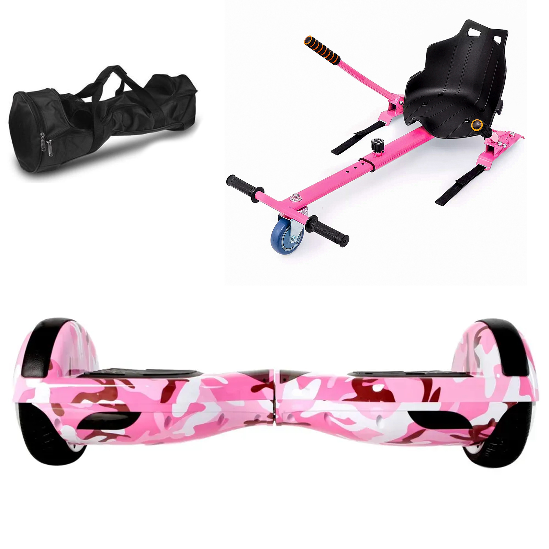 Pembe kamuflaj hoverboard, çanta ve pembe go-kart aparatı.