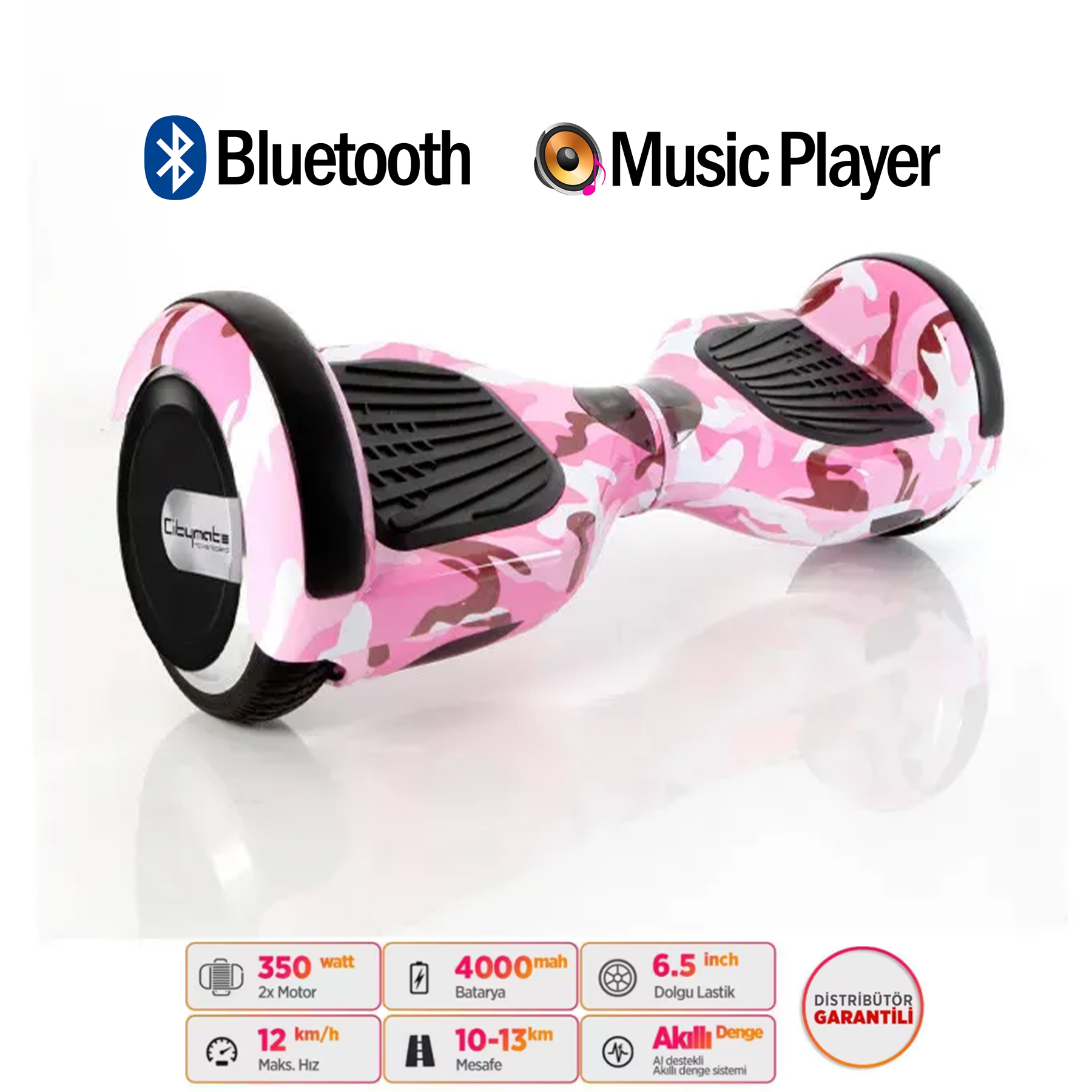 Bluetooth ve müzik çalar özellikli pembe kamuflaj hoverboard.