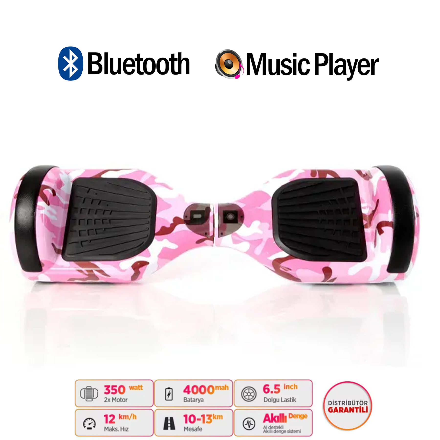 Pembe kamuflaj desenli, Bluetooth ve müzik çalarlı hoverboard.