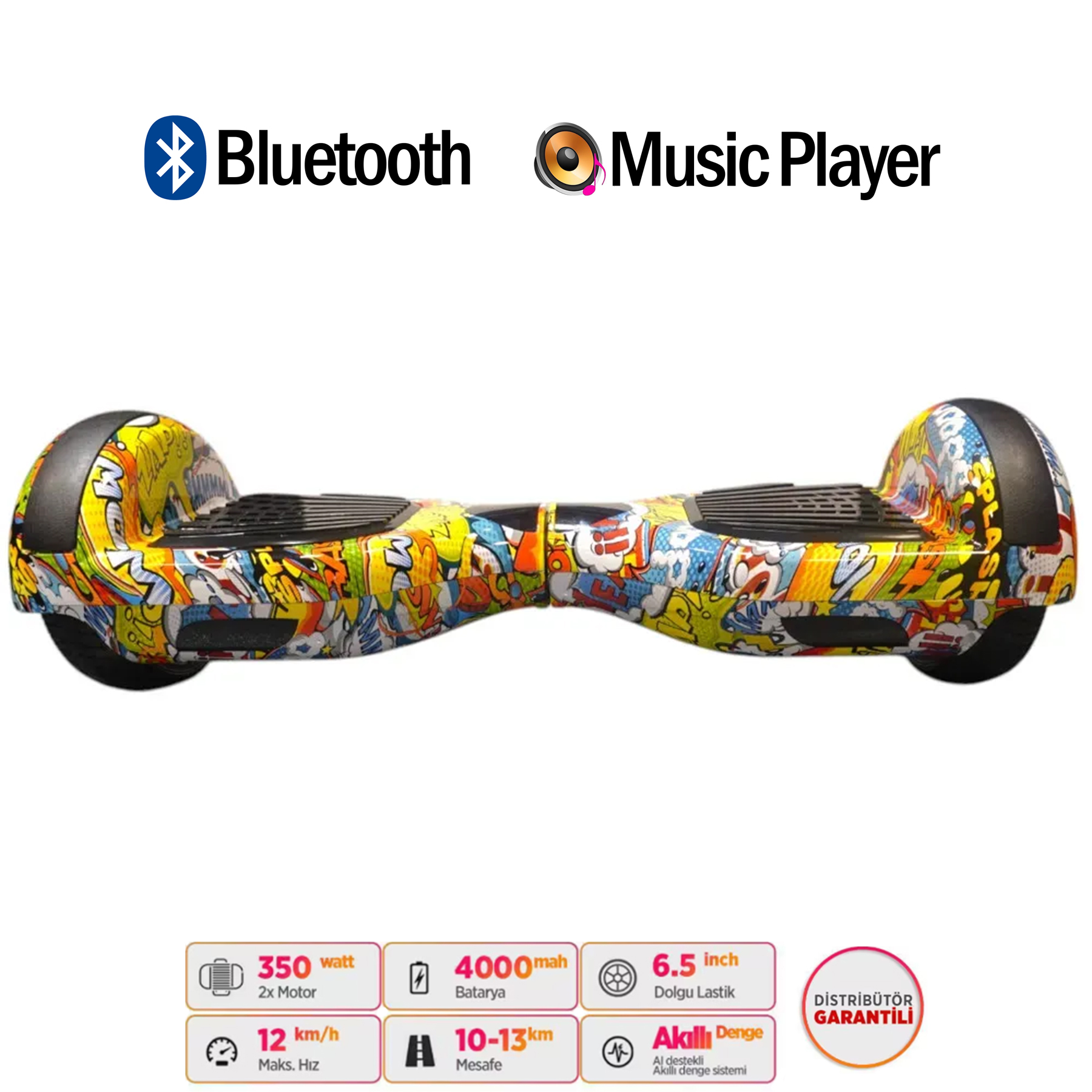Grafiti baskılı renkli hoverboard, Bluetooth ve müzik çalar simgeleri.