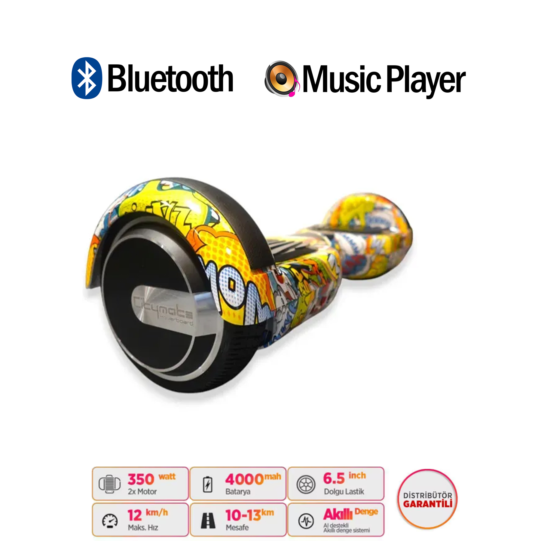 Bluetooth müzik çalar simgeleri ve teknik özelliklere sahip renkli hoverboard.