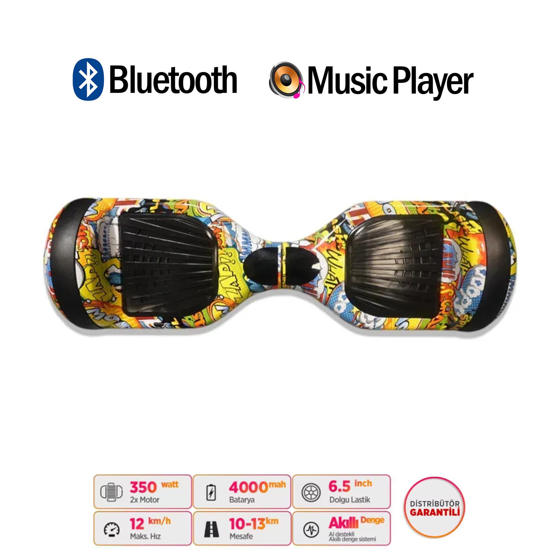 Çizgi roman tasarımlı, Bluetooth'lu ve müzik çalarlı renkli hoverboard.