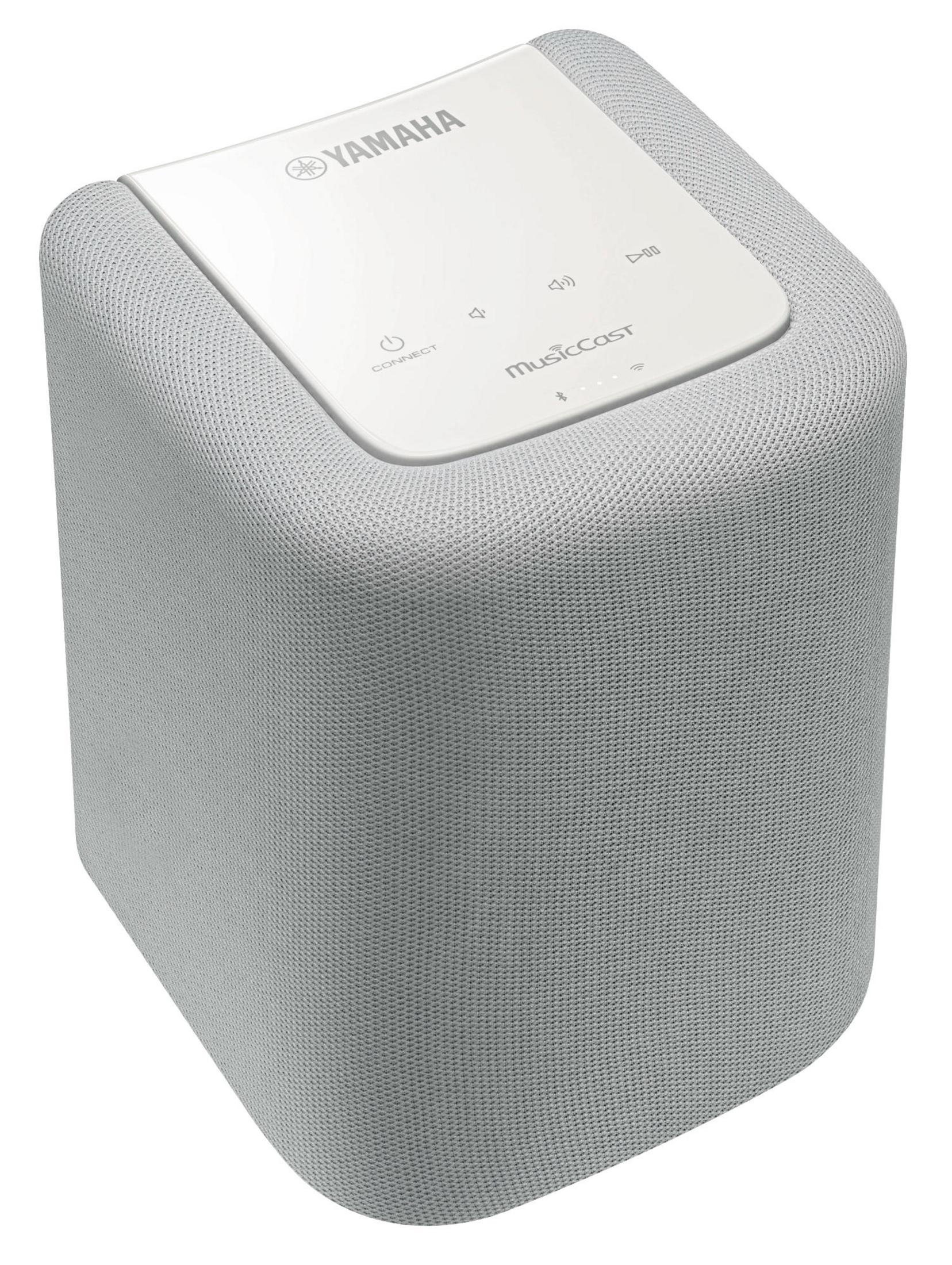 Altoparlante Yamaha MusicCast grigio con pannello di controllo e pulsanti bianchi.