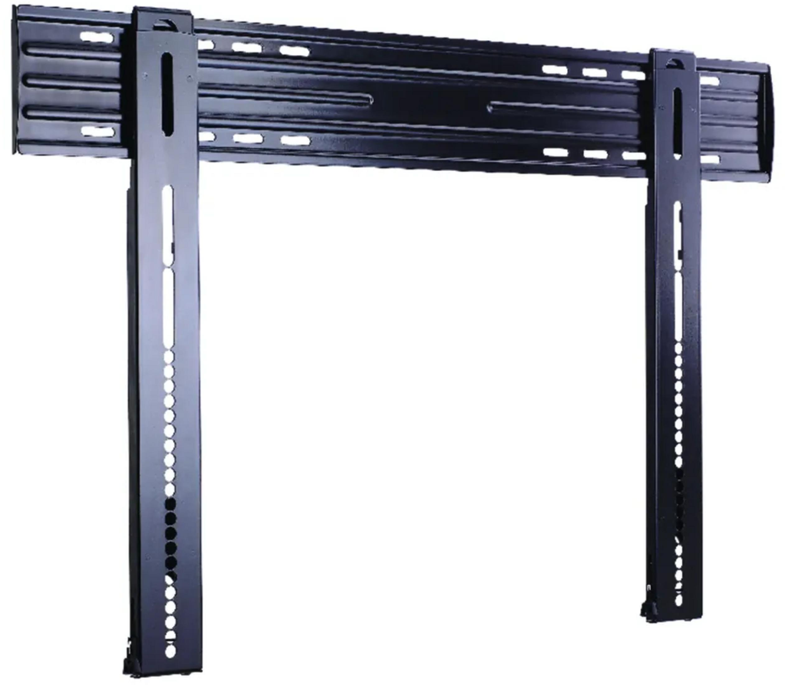 A black TV wall mount with adjustable arms and numerous holes for mounting.