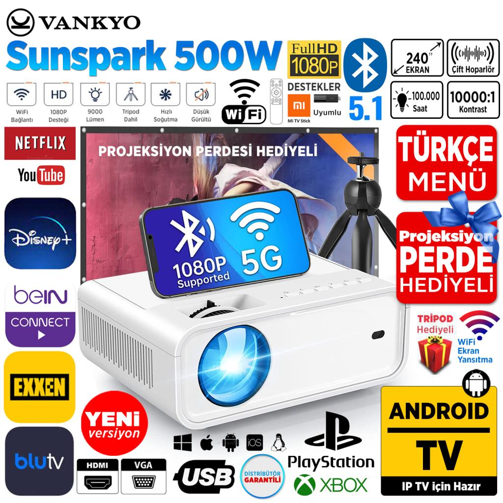 Vankyo Sunspark 500W projektör, akıllı telefon ekranlı, perdeli, tripod hediyeli.