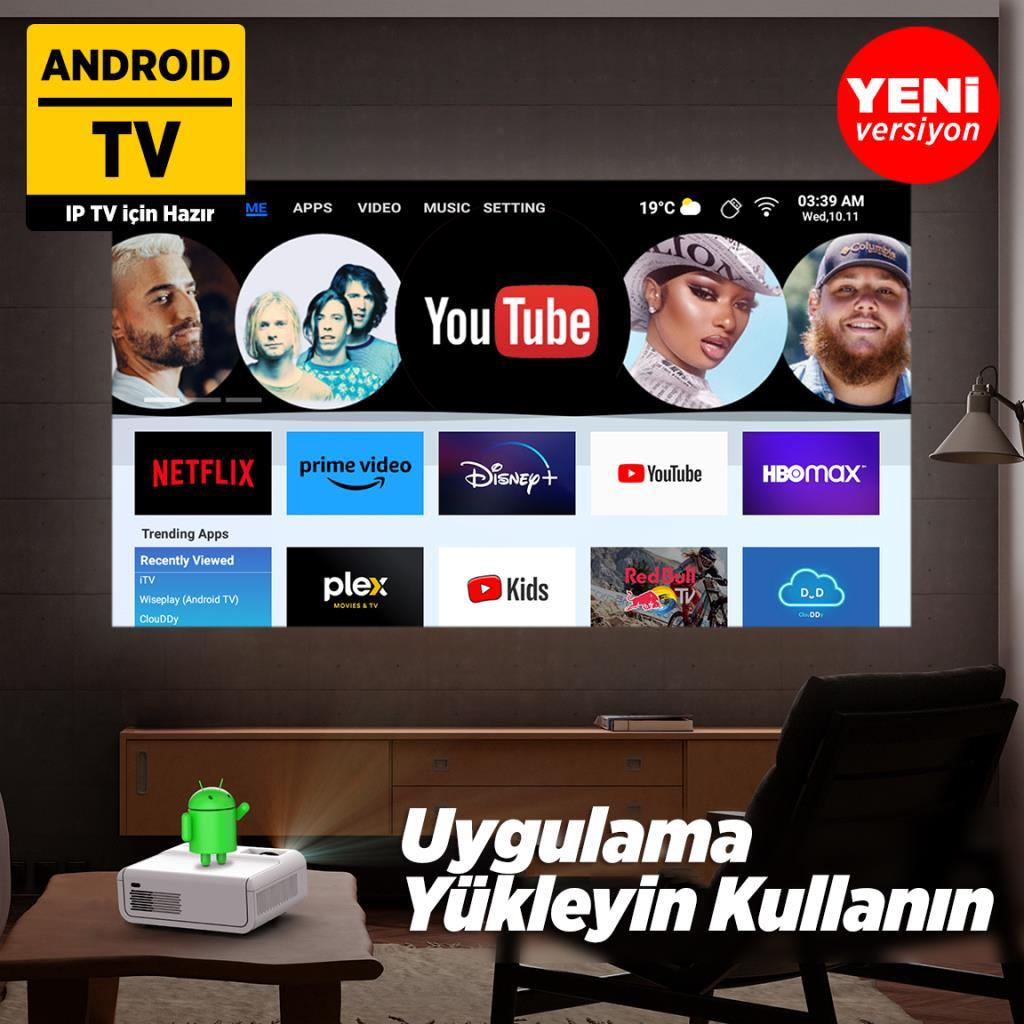 Bir projektör, YouTube ve Netflix gibi uygulamalarla Android TV'yi ekrana yansıtıyor.