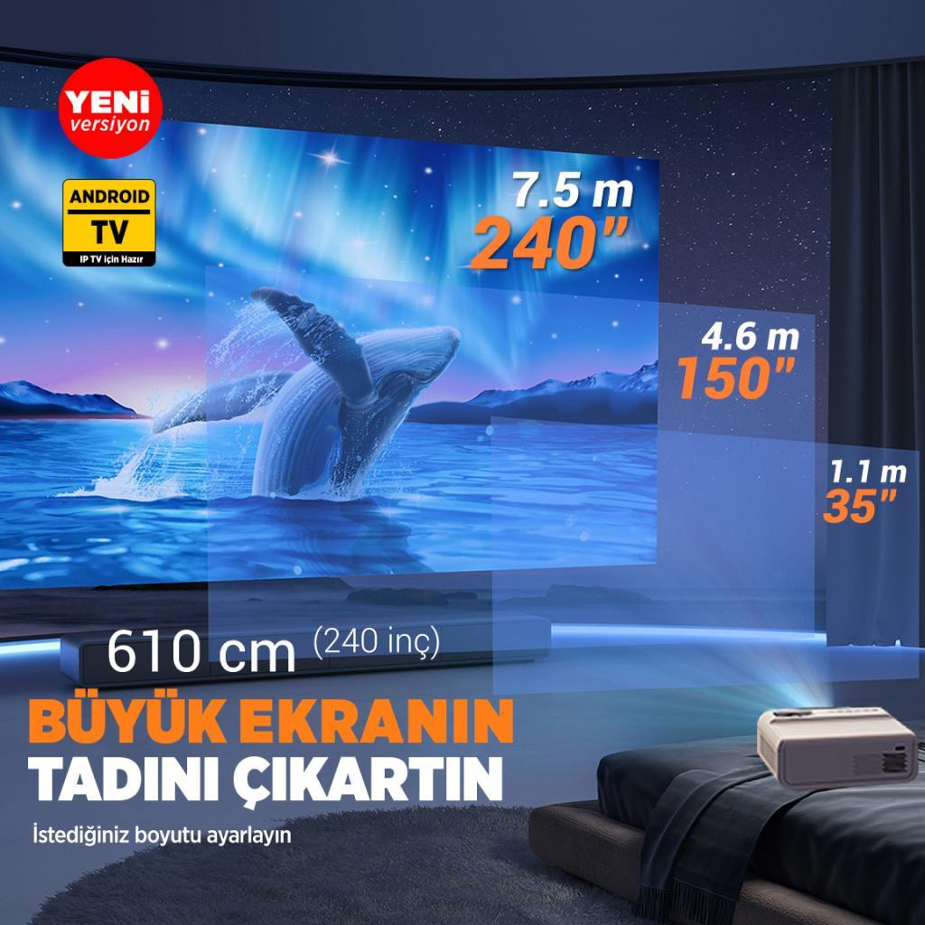 Projektör, 35-240 inç arası çeşitli boyutları gösteren büyük ekranda balina yüzgeci görüntüler.