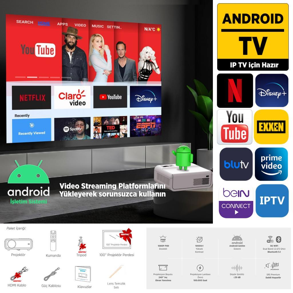 Android TV projektör, yayın uygulamaları gösteriyor. Kumanda, tripod ve ekran içerir.