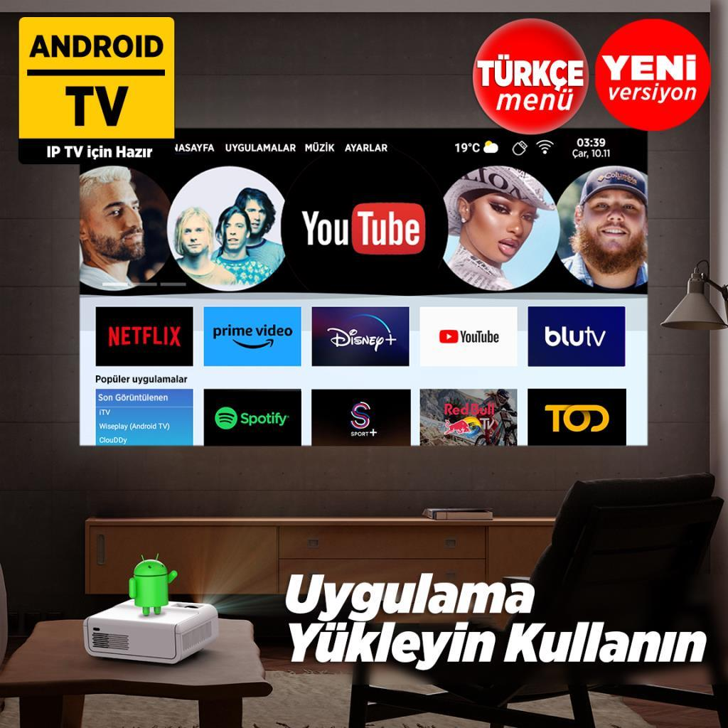 Netflix, YouTube gibi uygulamaların olduğu Android TV arayüzü. Projektör görüntüyü yansıtıyor.