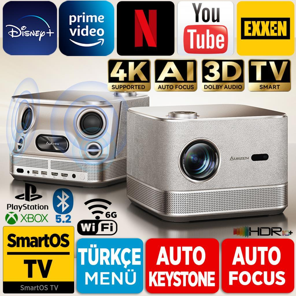 Projektörler, streaming logoları, 4K, AI, 3D, TV, PlayStation, Xbox, WiFi.
