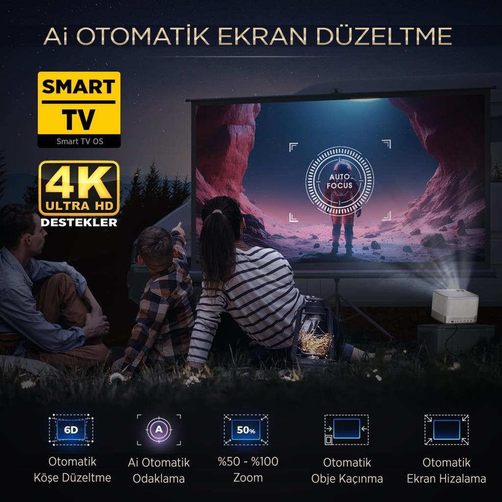 Aile ekranda film izliyor, projektör parlak şekilde parlıyor.