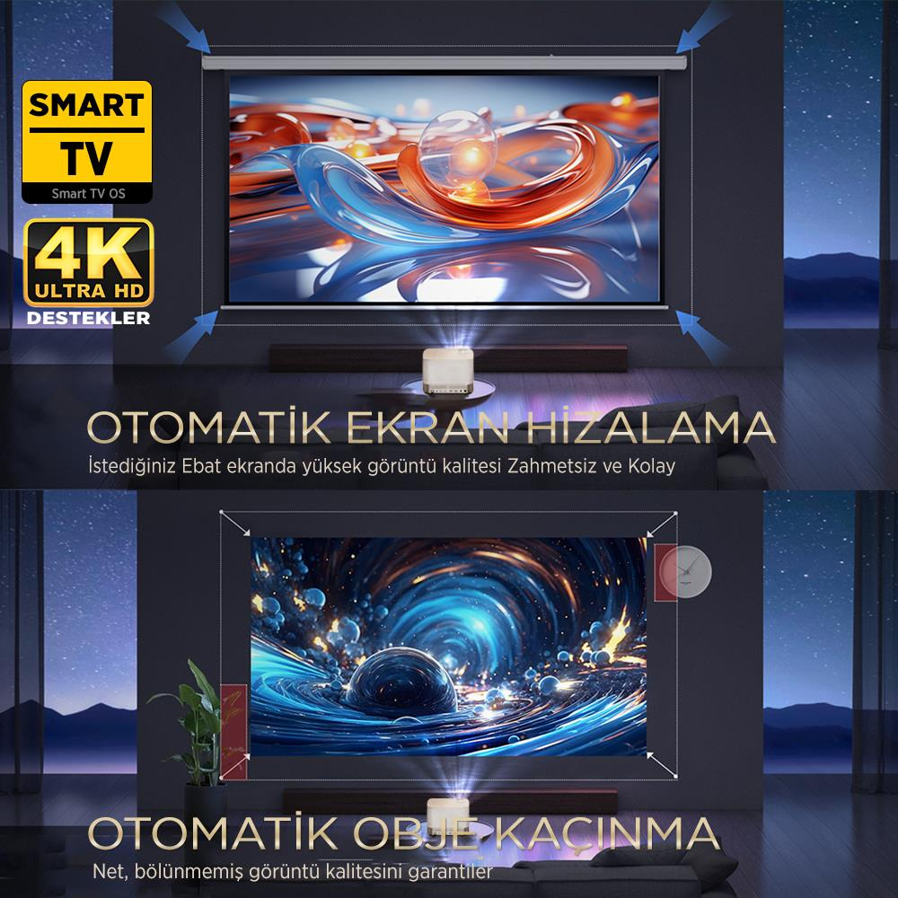 Projektör ekranda soyut görseller gösteriyor. Metin: SMART TV 4K ULTRA HD.