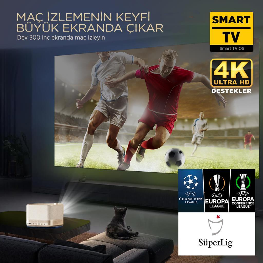 Projektör büyük ekranda futbol maçı gösteriyor. Önde küçük projektör ve kedi var.