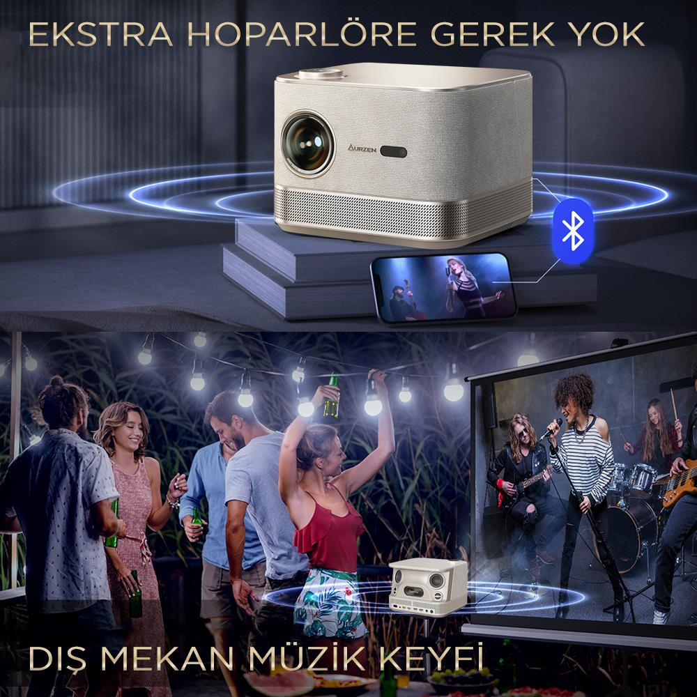 Akıllı telefon ve dışarıda müzik yapan bir grupla projektör.