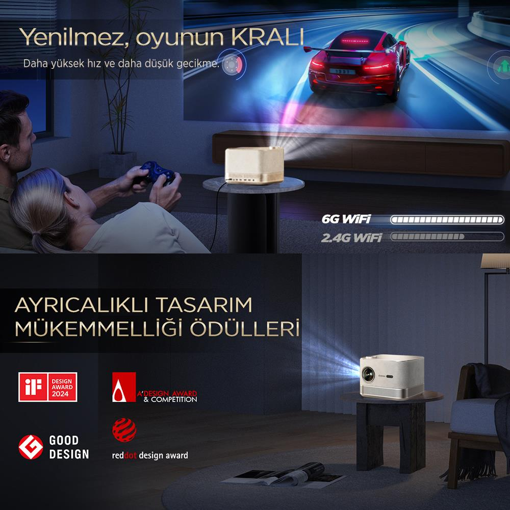 Bir çift video oyunu oynarken, projektör büyük ekranda bir araba gösteriyor.