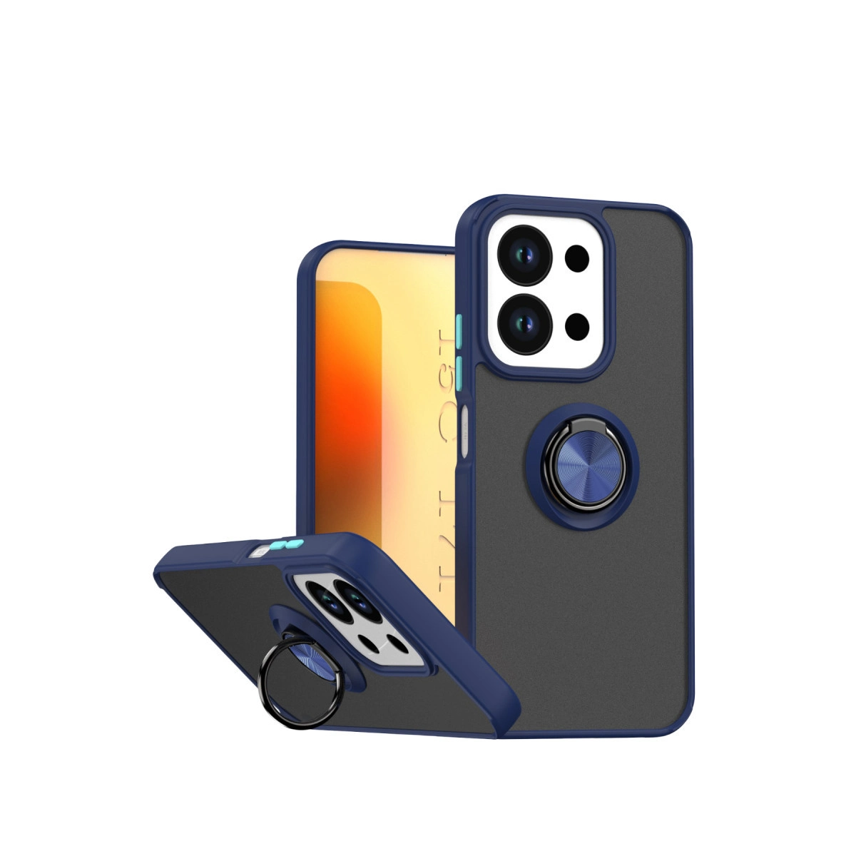 Kamera halkalı üç lacivert ve gri telefon kılıfı beyaz arka plan üzerinde gösteriliyor.