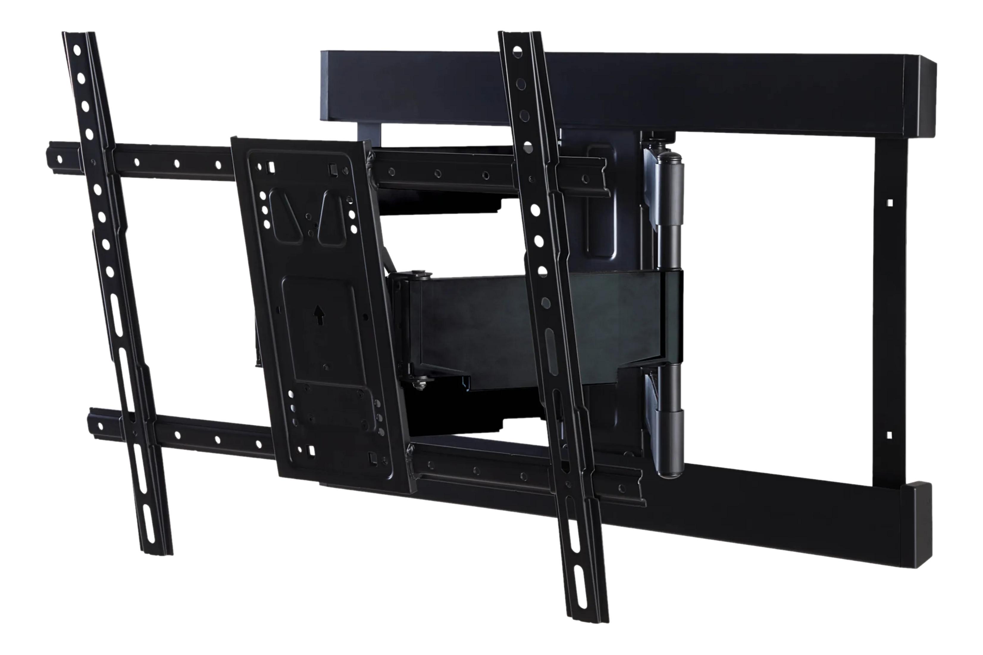 Supporto da parete nero per TV con bracci e cerniere regolabili.
