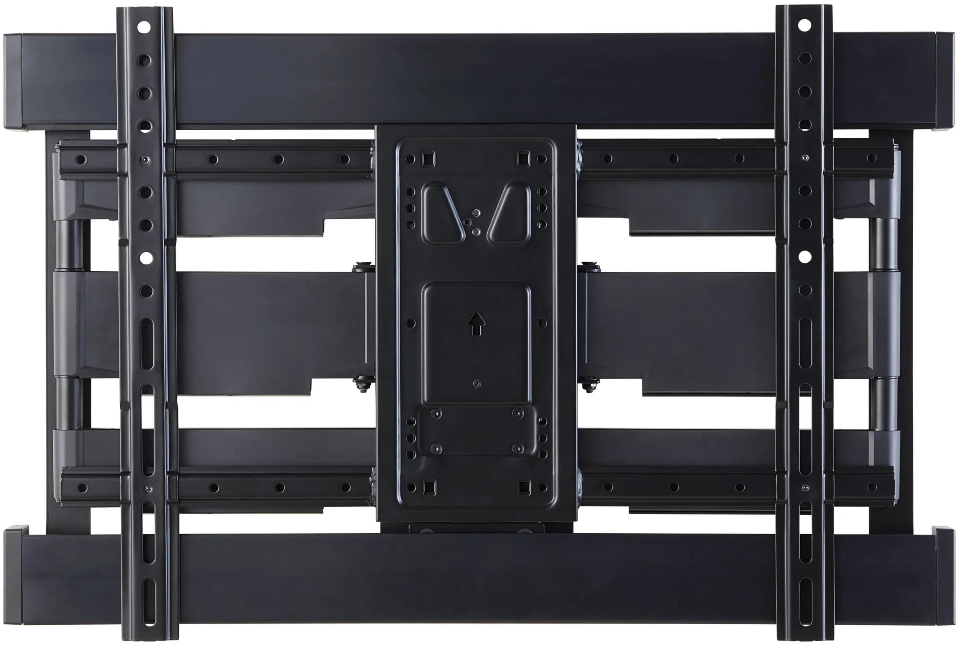 Supporto TV da parete in metallo nero con bracci regolabili e piastra centrale.