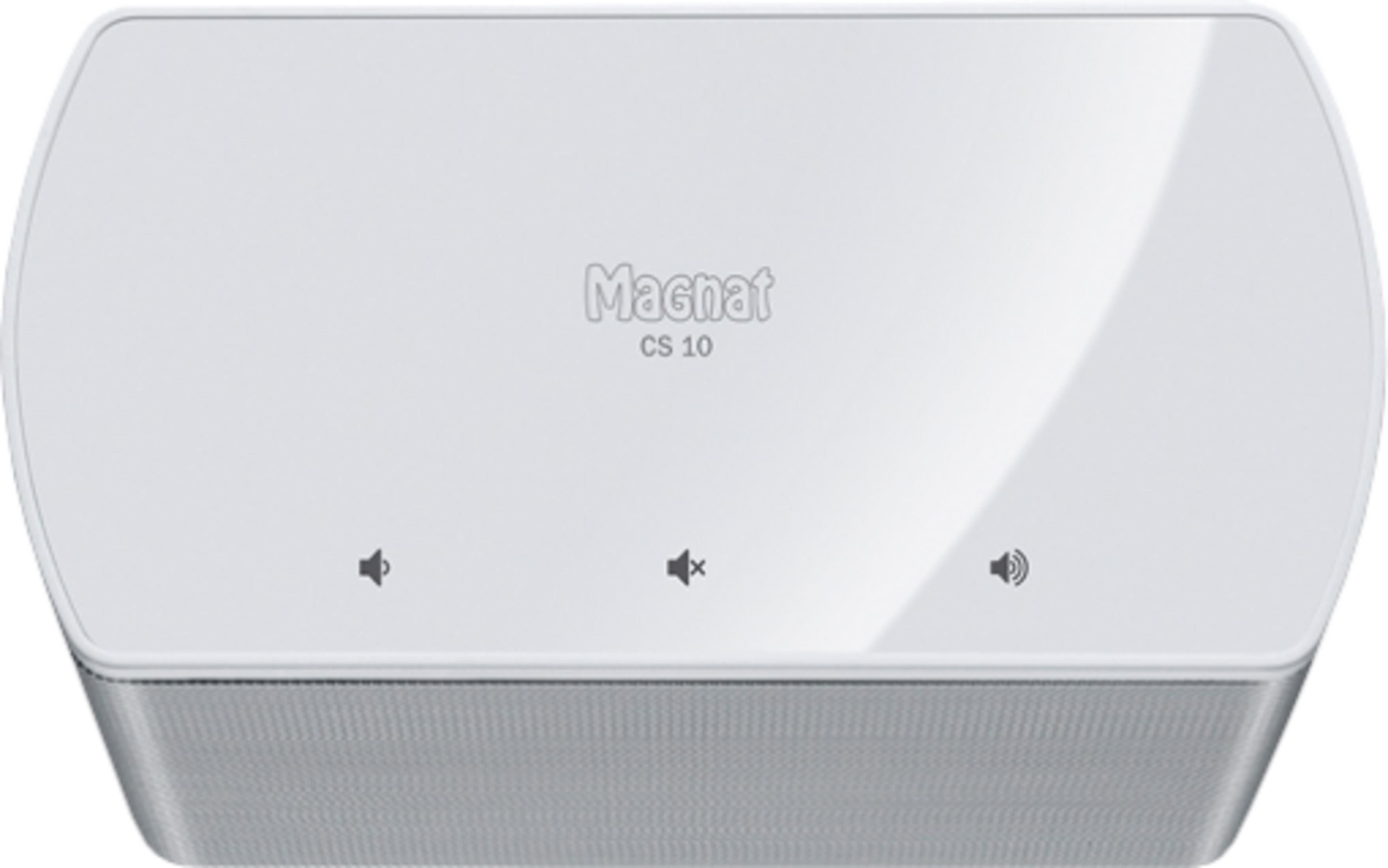 White Magnat CS 10 soundbar with speaker icons and mesh grille.