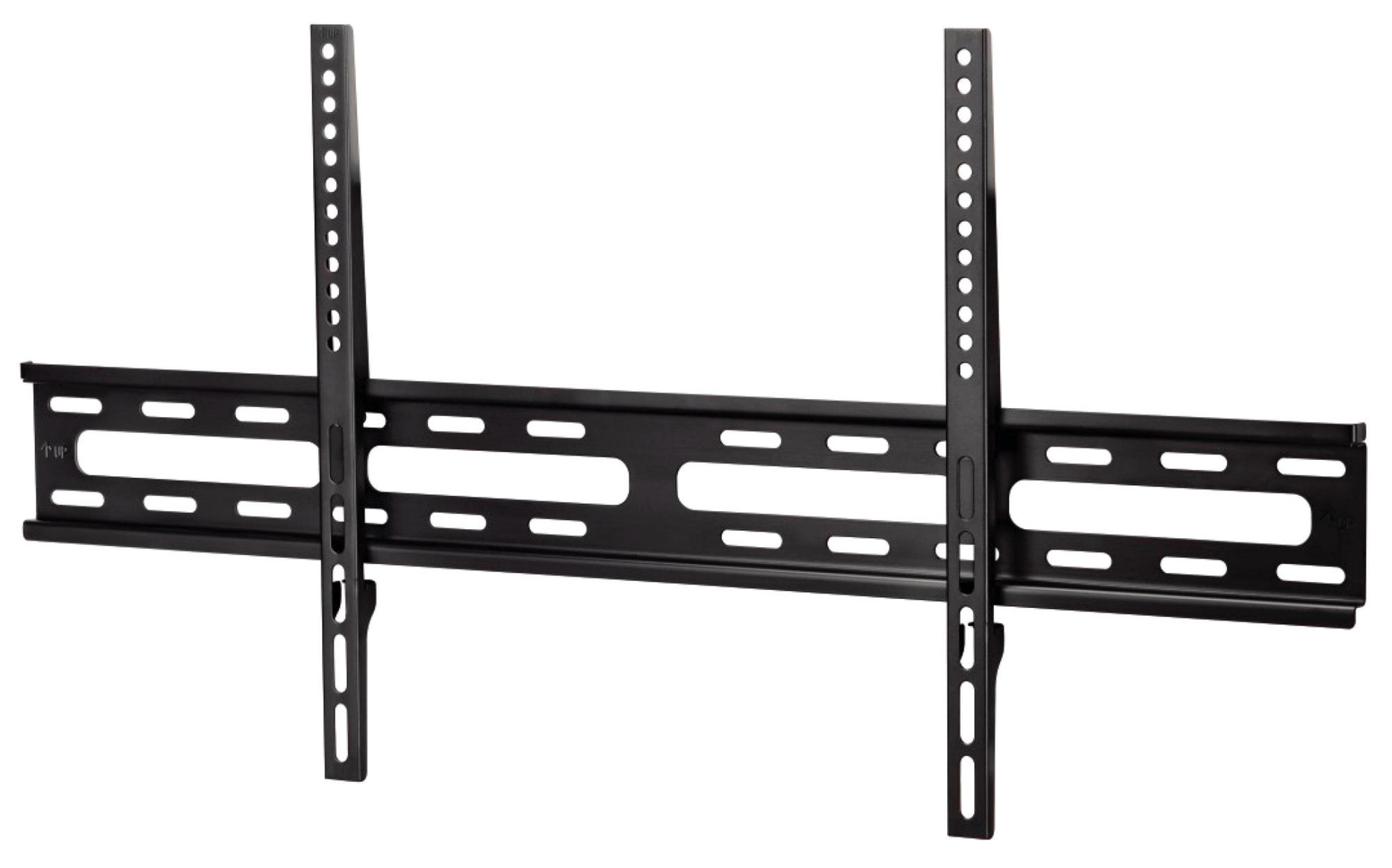 Schwarze Wandhalterung für Fernseher mit verstellbaren Schienen und vielen Löchern.