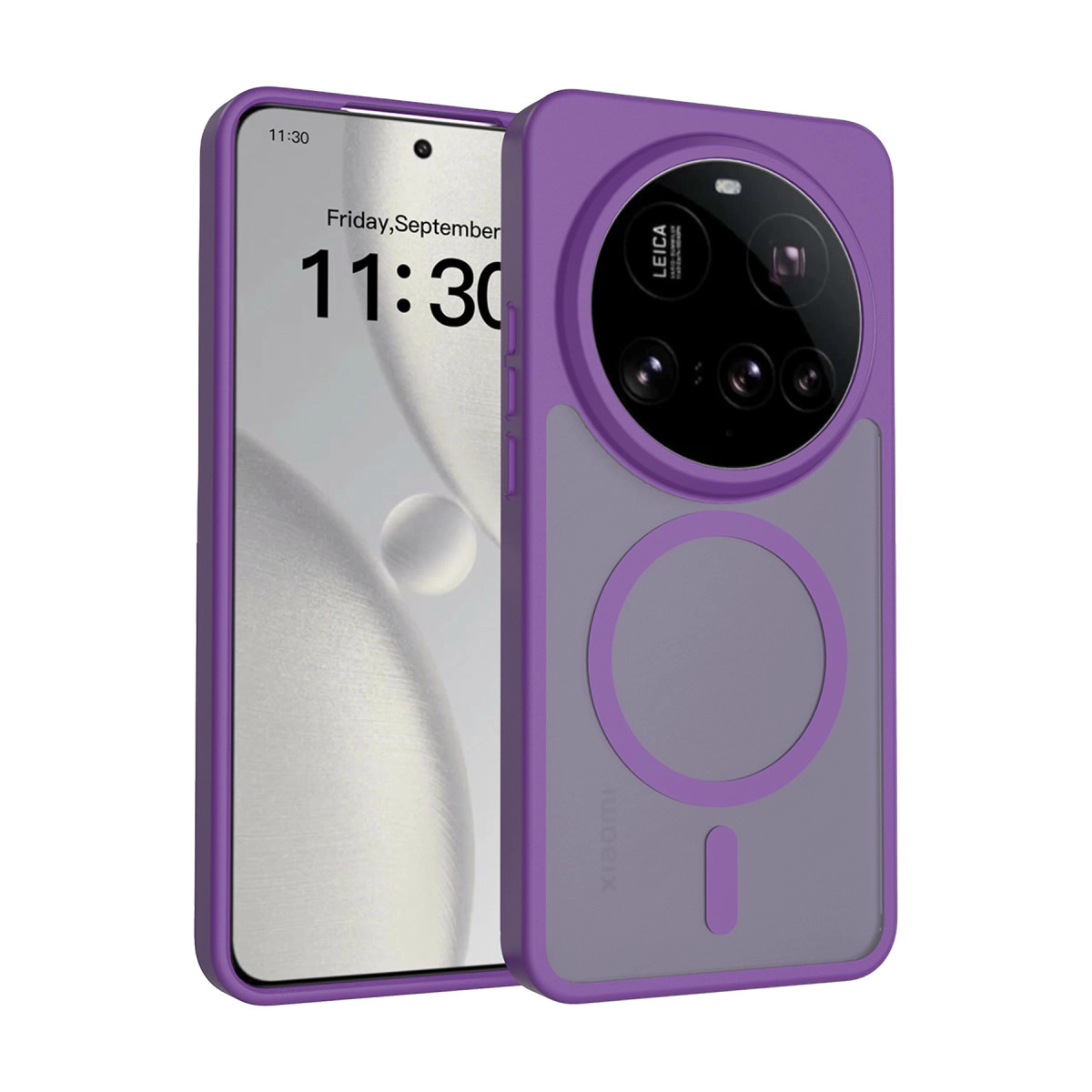 Kamera kesimli mor telefon kılıfı ve 11:30 saatini gösteren bir telefon.