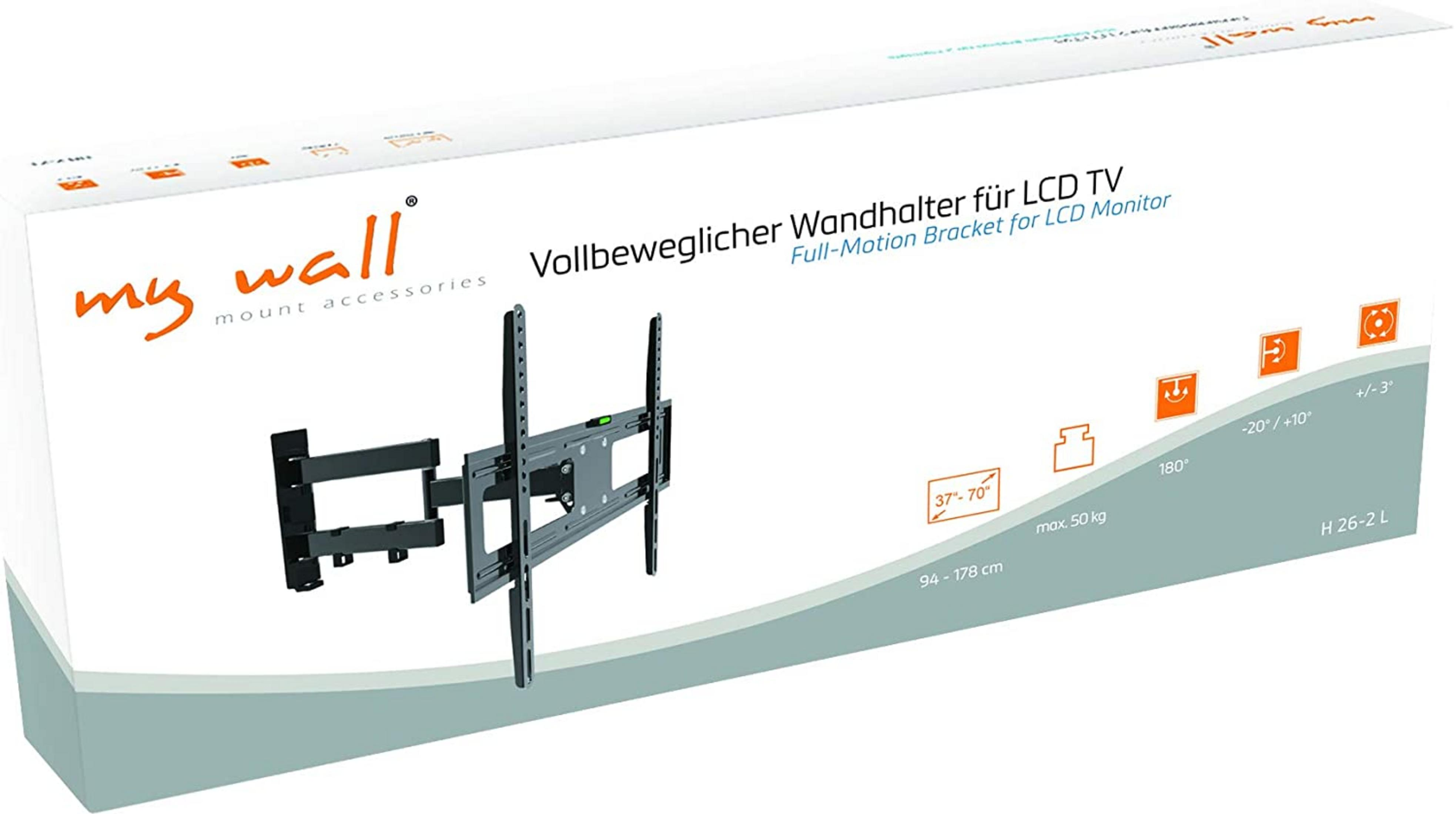 Verpackung eines voll beweglichen TV-Wandhalters mit Spezifikationen.