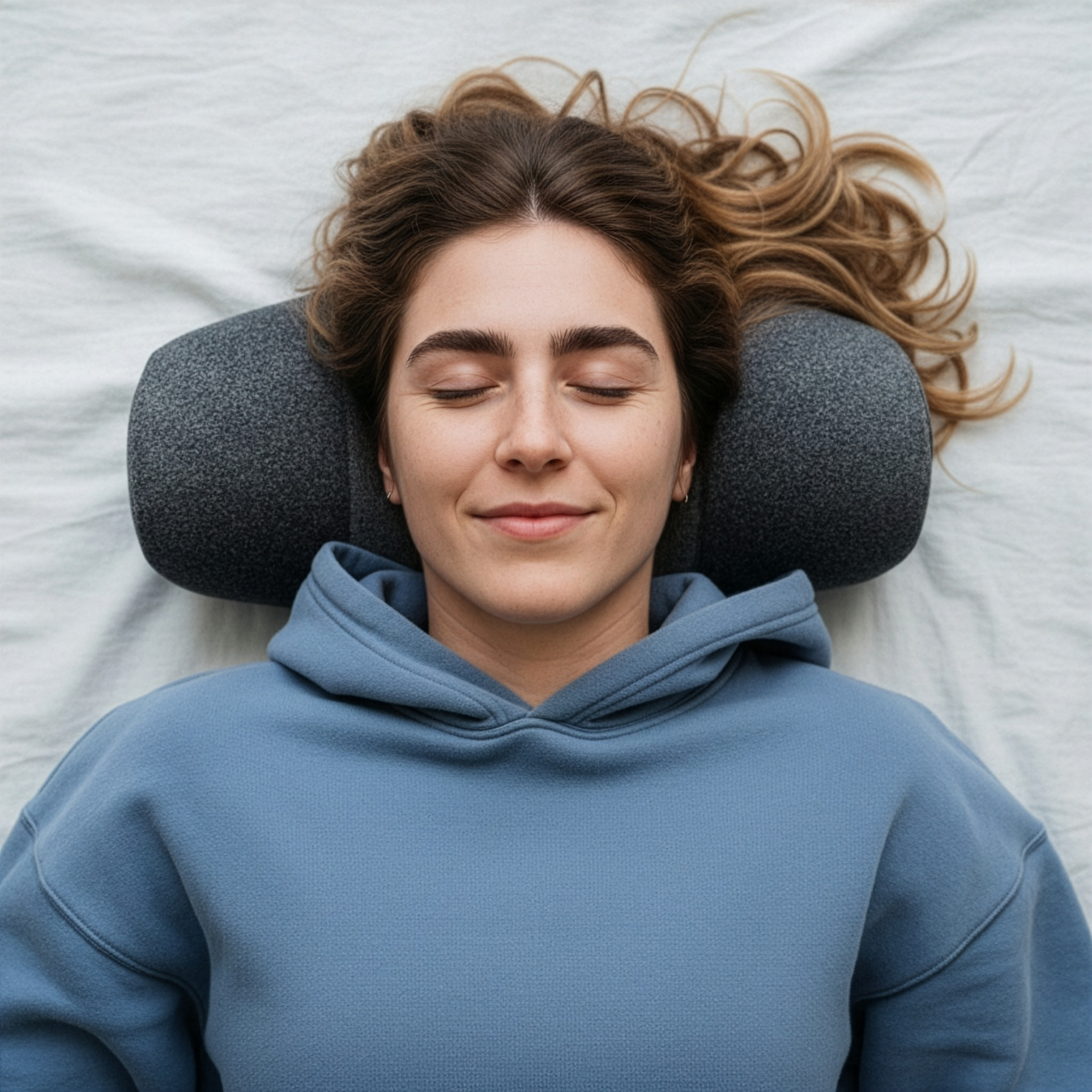 Una mujer con los ojos cerrados yace boca arriba, con la cabeza apoyada en un cojín cervical.