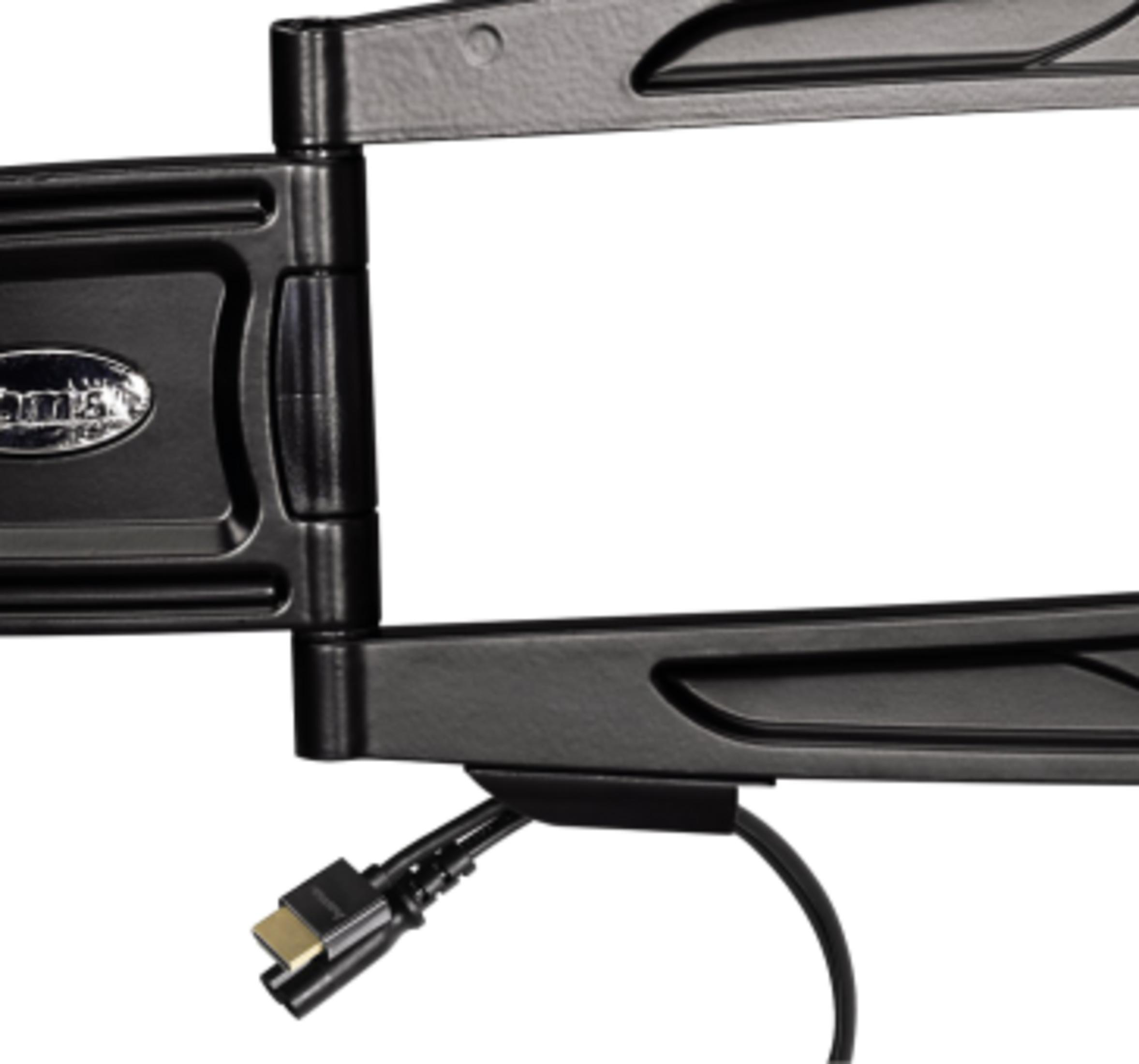 Schwarzer HDMI-Kabelstecker an einem Wandhalterungsteil mit Gelenk.