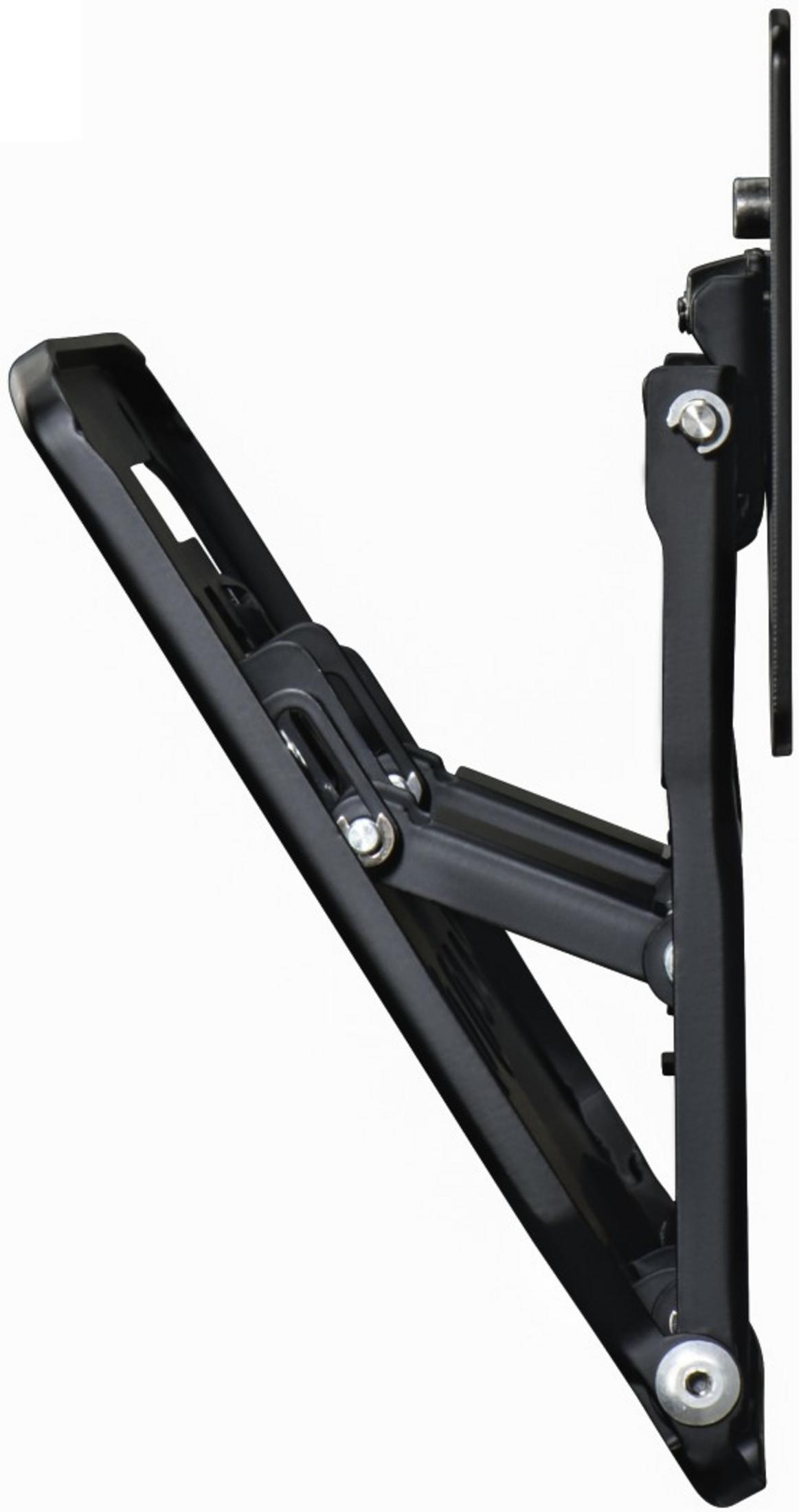 Schwarzer, verstellbarer Wandhalter aus Metall mit Gelenkarmen und Schrauben.