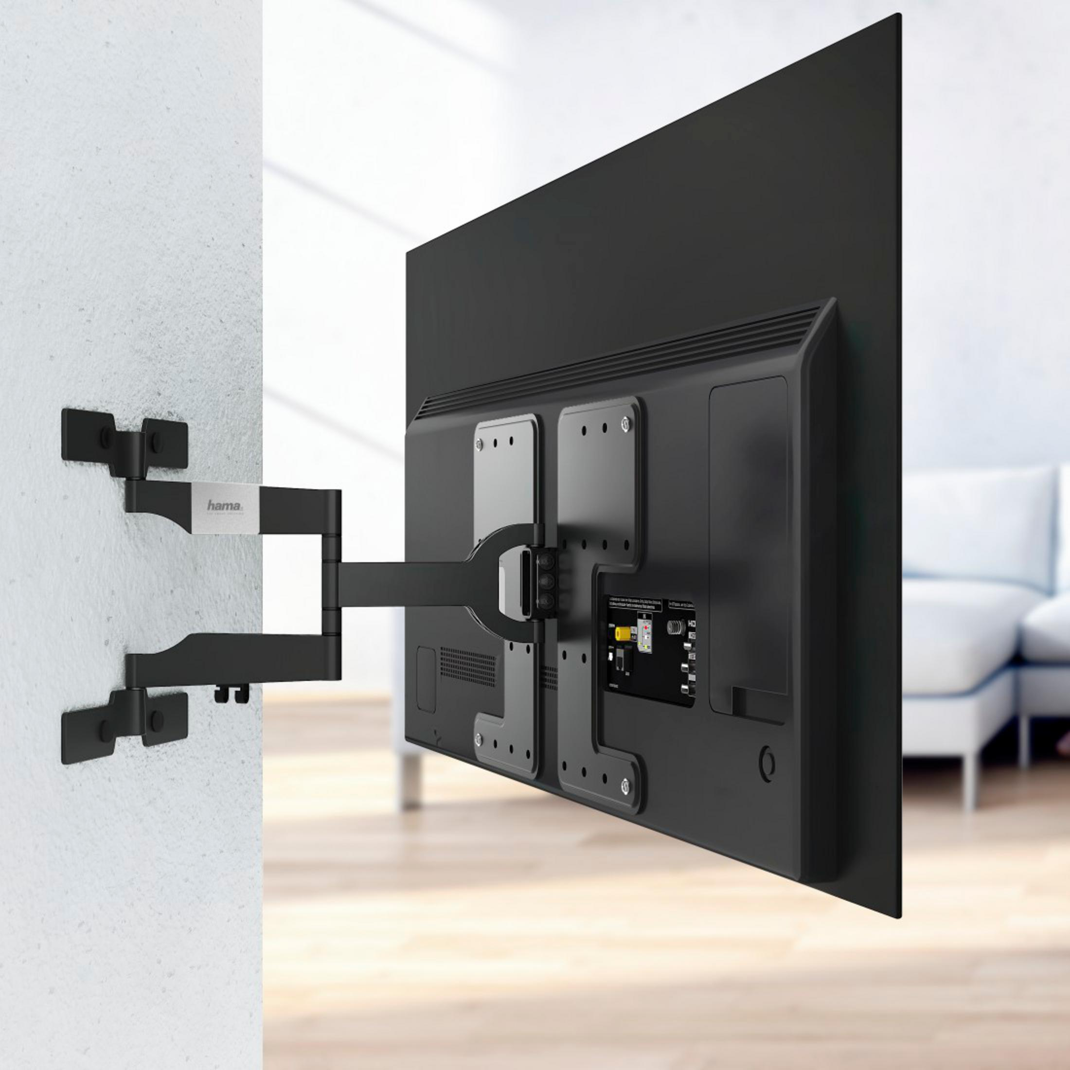 Ein schwarzer TV-Wandhalter mit beweglichem Arm, der an einer weißen Wand montiert ist.