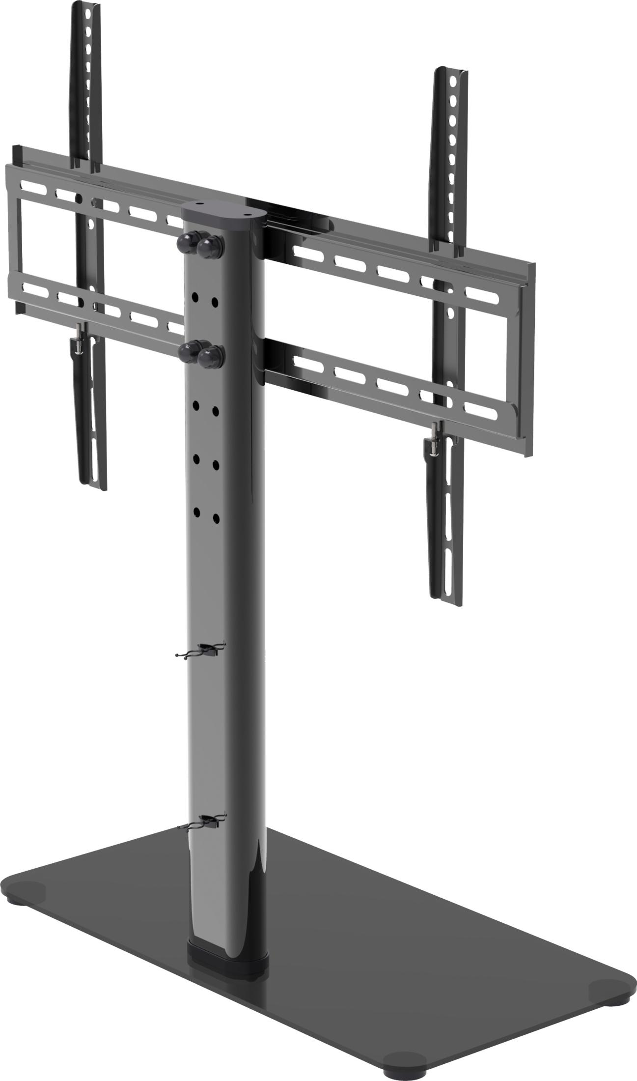 Ein schwarzer TV-Ständer aus Metall mit Glasfuß und verstellbarer Halterung.